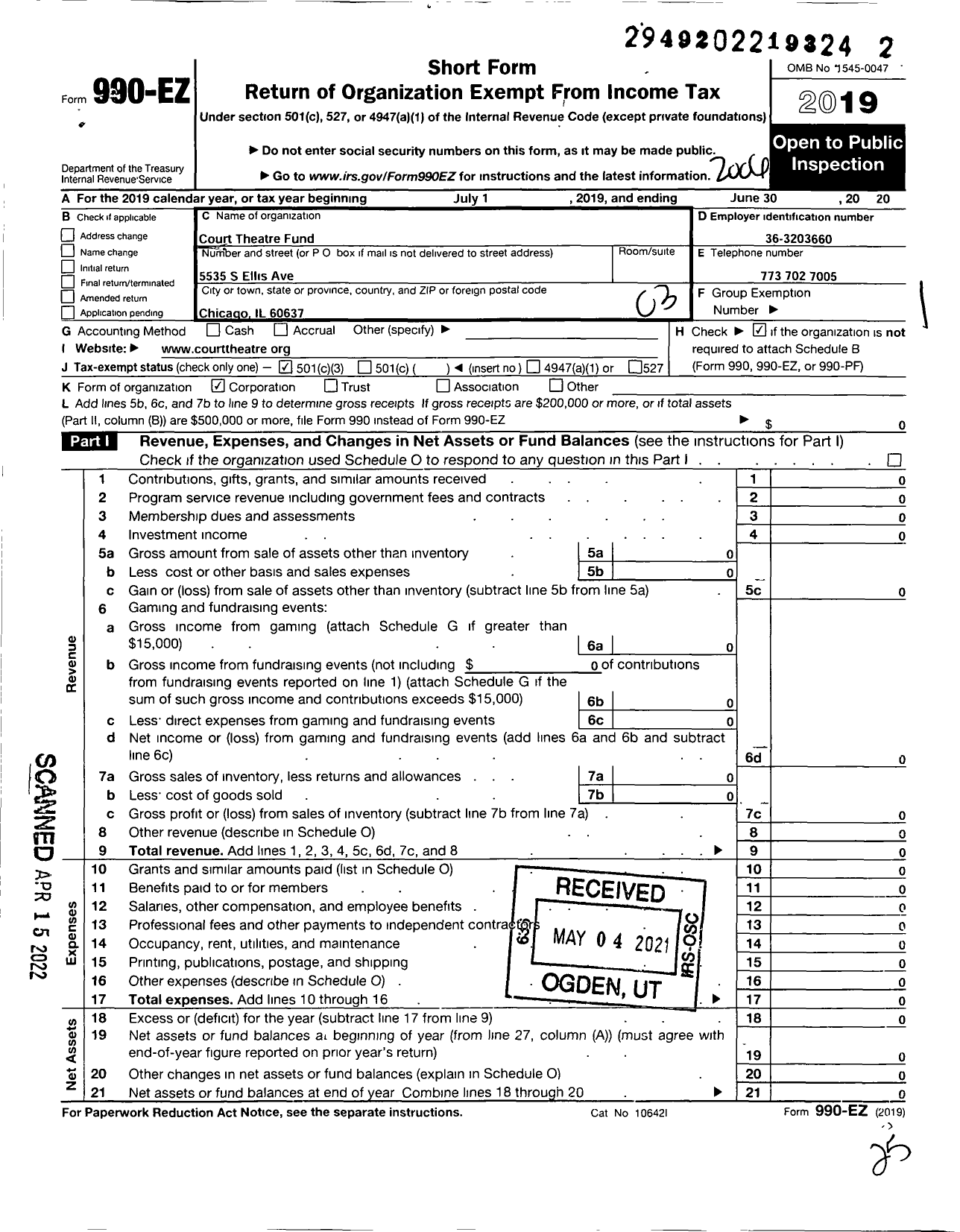 Image of first page of 2019 Form 990EZ for Court Theatre Fund