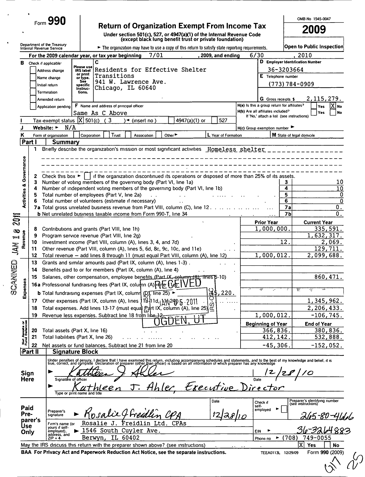 Image of first page of 2009 Form 990 for Residents for Effective Shelter Transitions