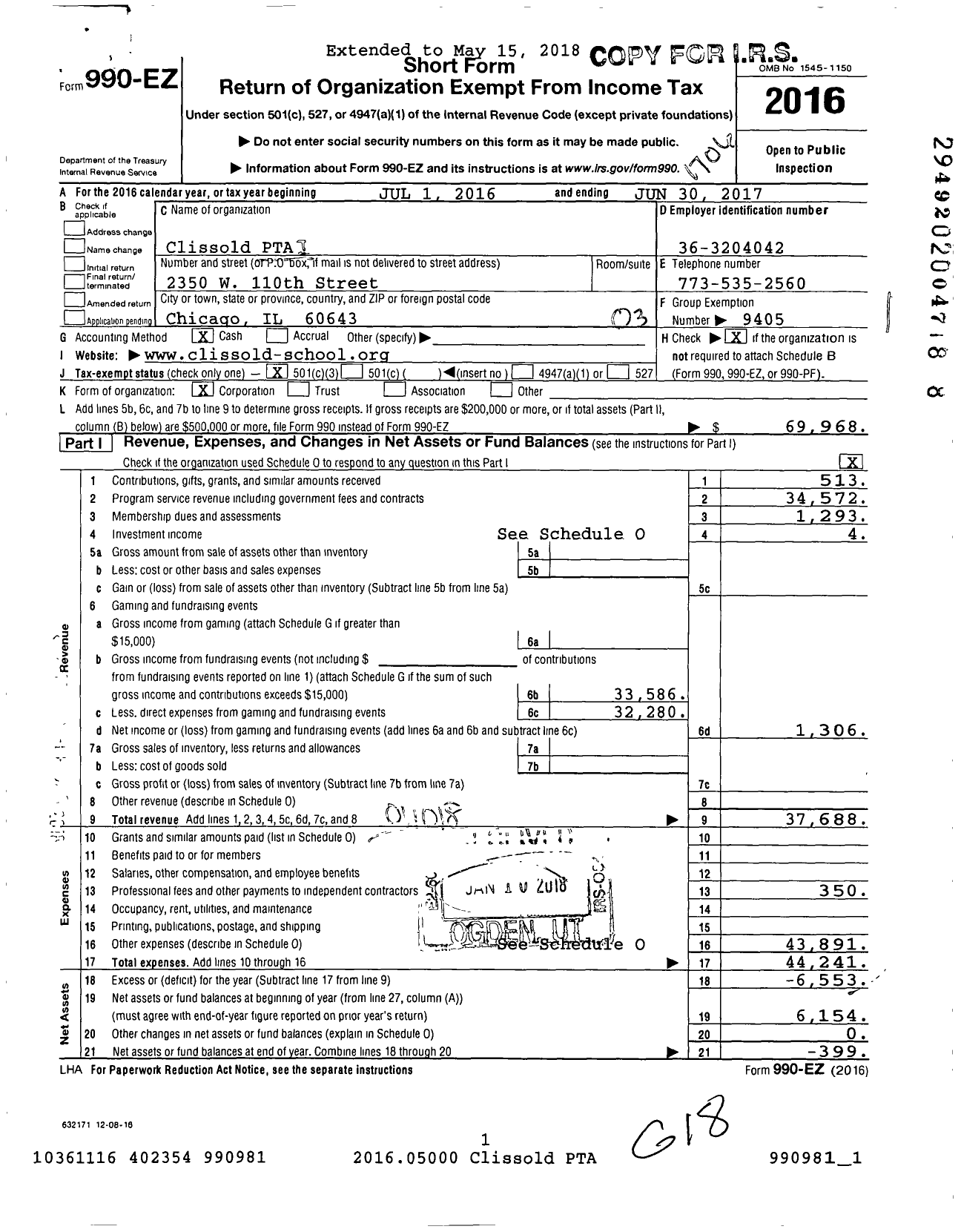 Image of first page of 2016 Form 990EZ for Illinois PTA - Clissold PTA