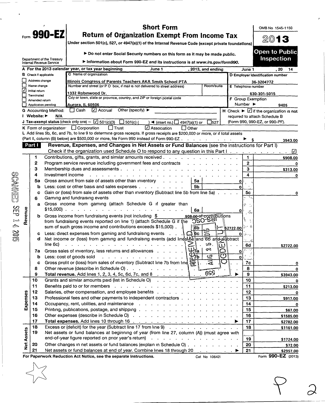 Image of first page of 2013 Form 990EZ for Illinois PTA - Smith PTA Aurora