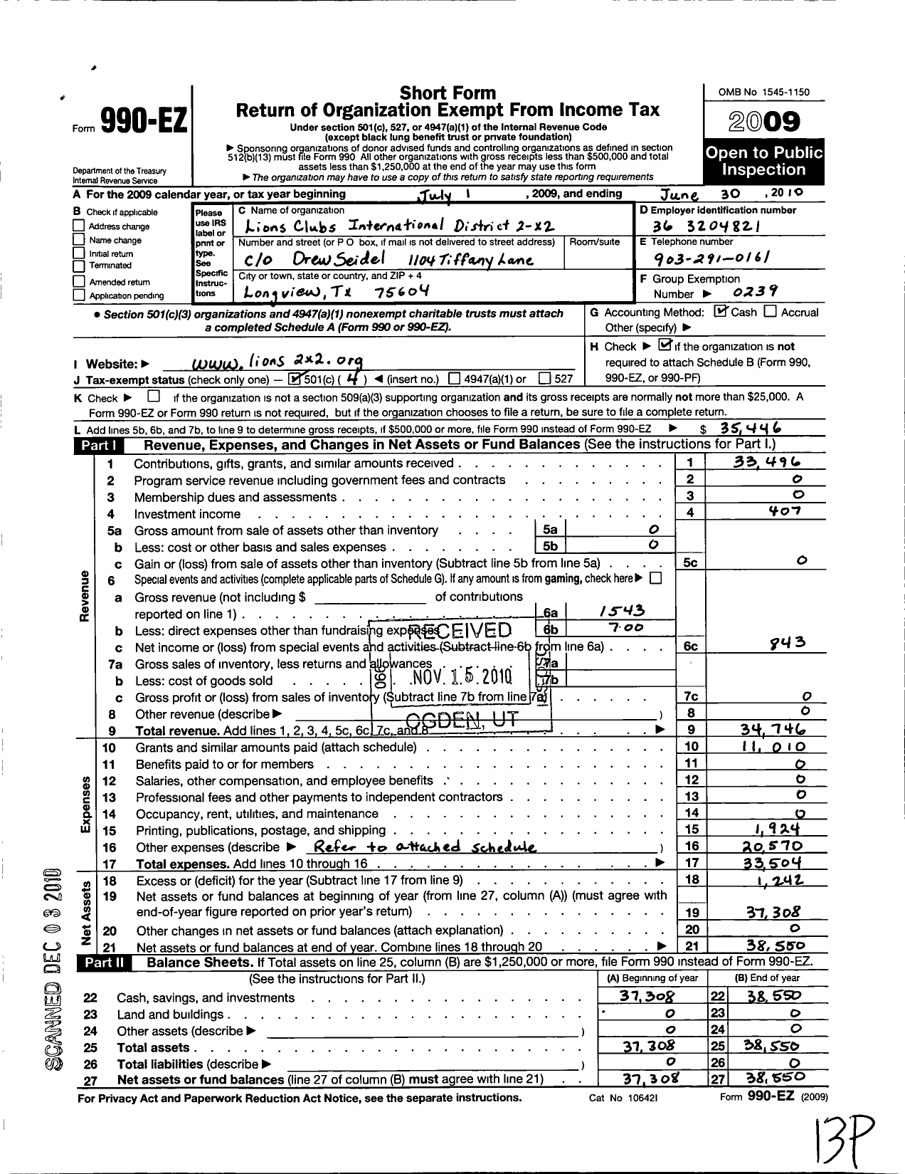 Image of first page of 2009 Form 990EO for Lions Clubs - 65551 2 X2 District