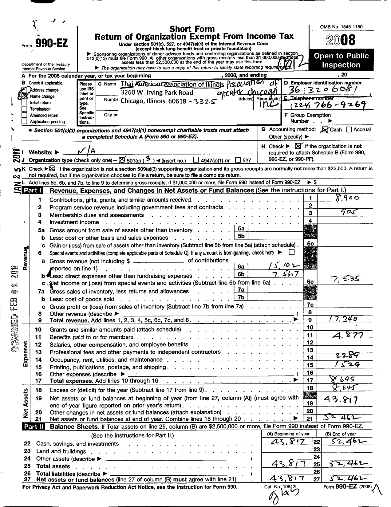 Image of first page of 2008 Form 990EZ for Thai Association of Greater Chicago