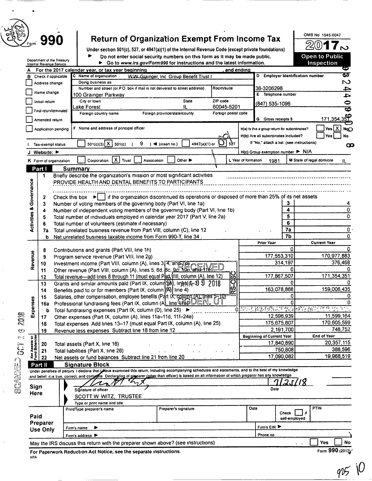 Image of first page of 2017 Form 990O for WW Grainger Group Benefit Trust I