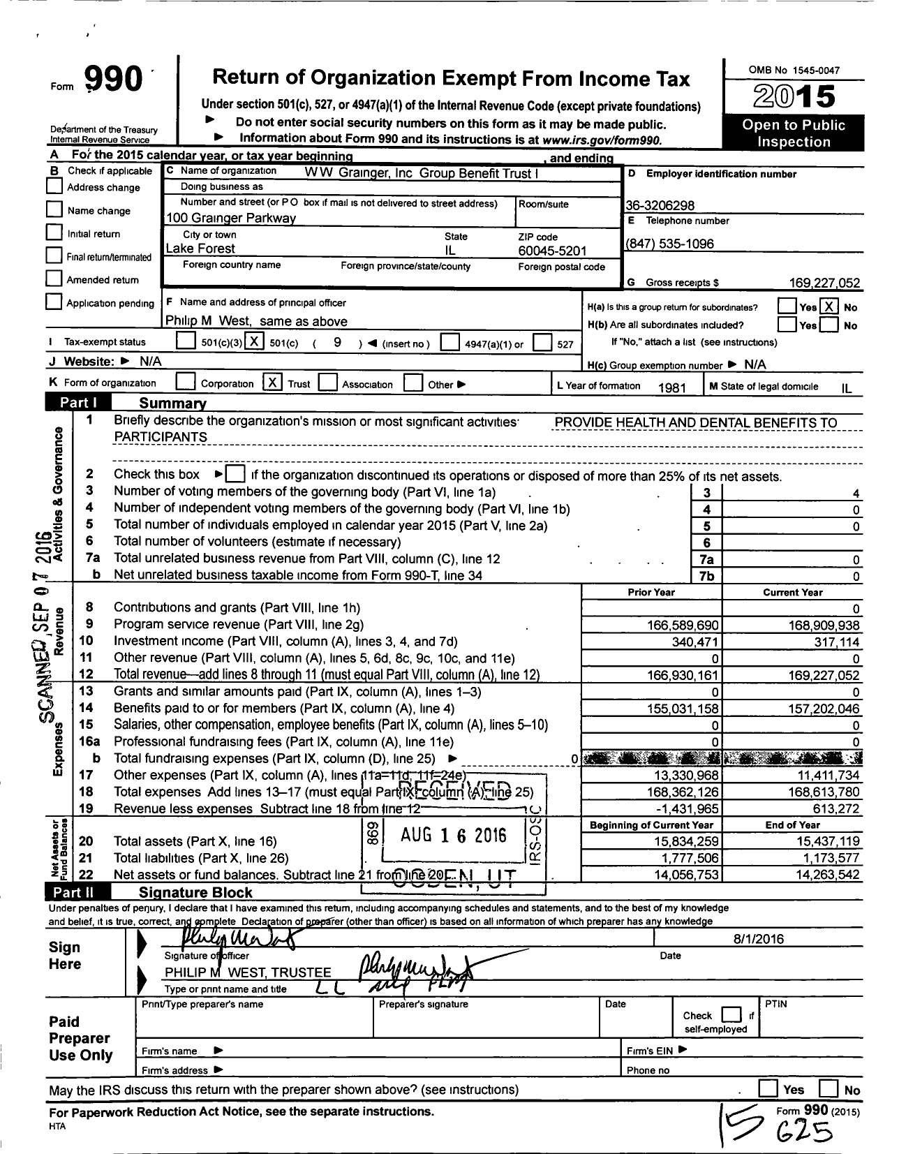Image of first page of 2015 Form 990O for WW Grainger Group Benefit Trust I