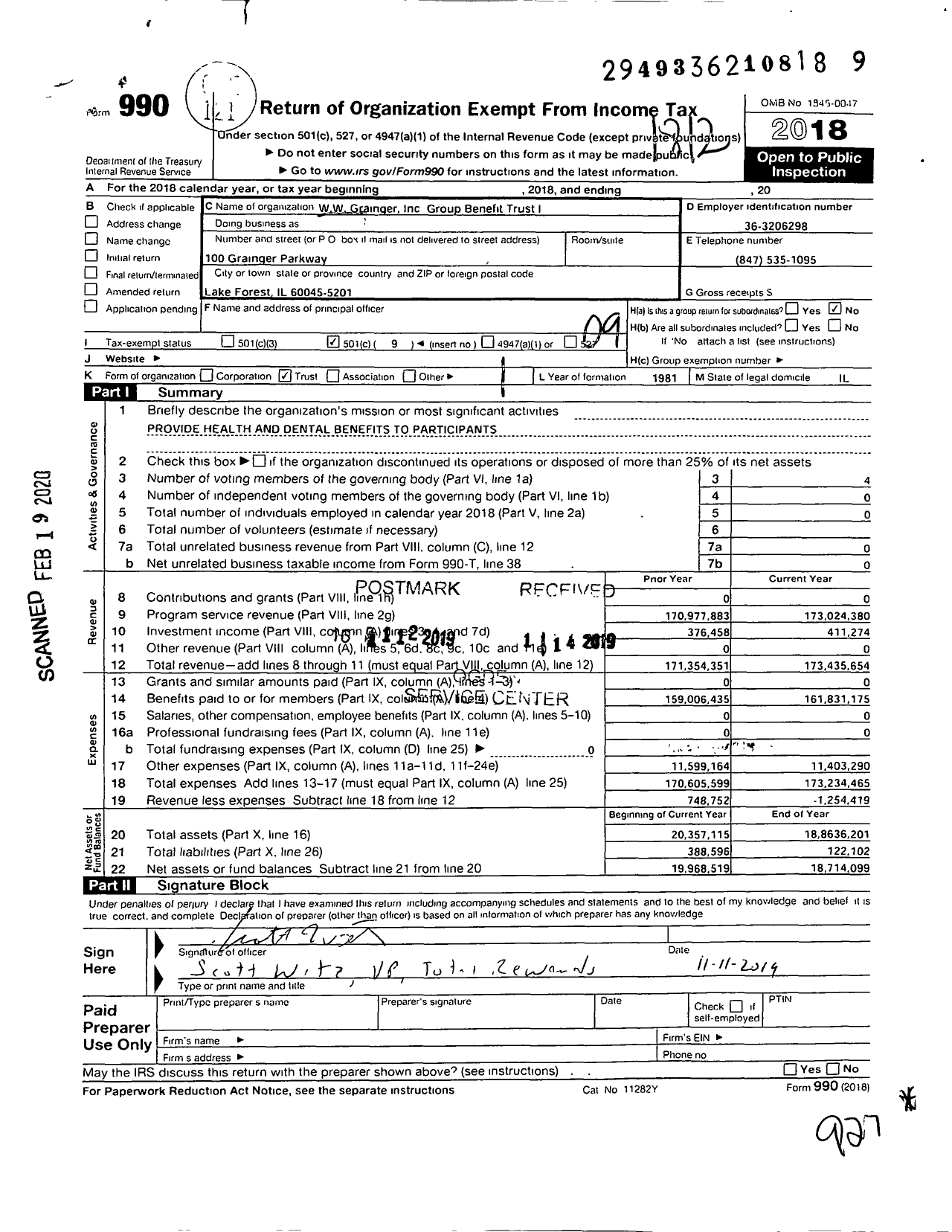 Image of first page of 2018 Form 990O for WW Grainger Group Benefit Trust I