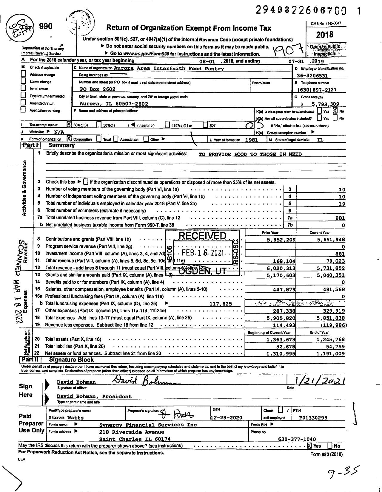 Image of first page of 2018 Form 990 for Aurora Area Interfaith Food Pantry