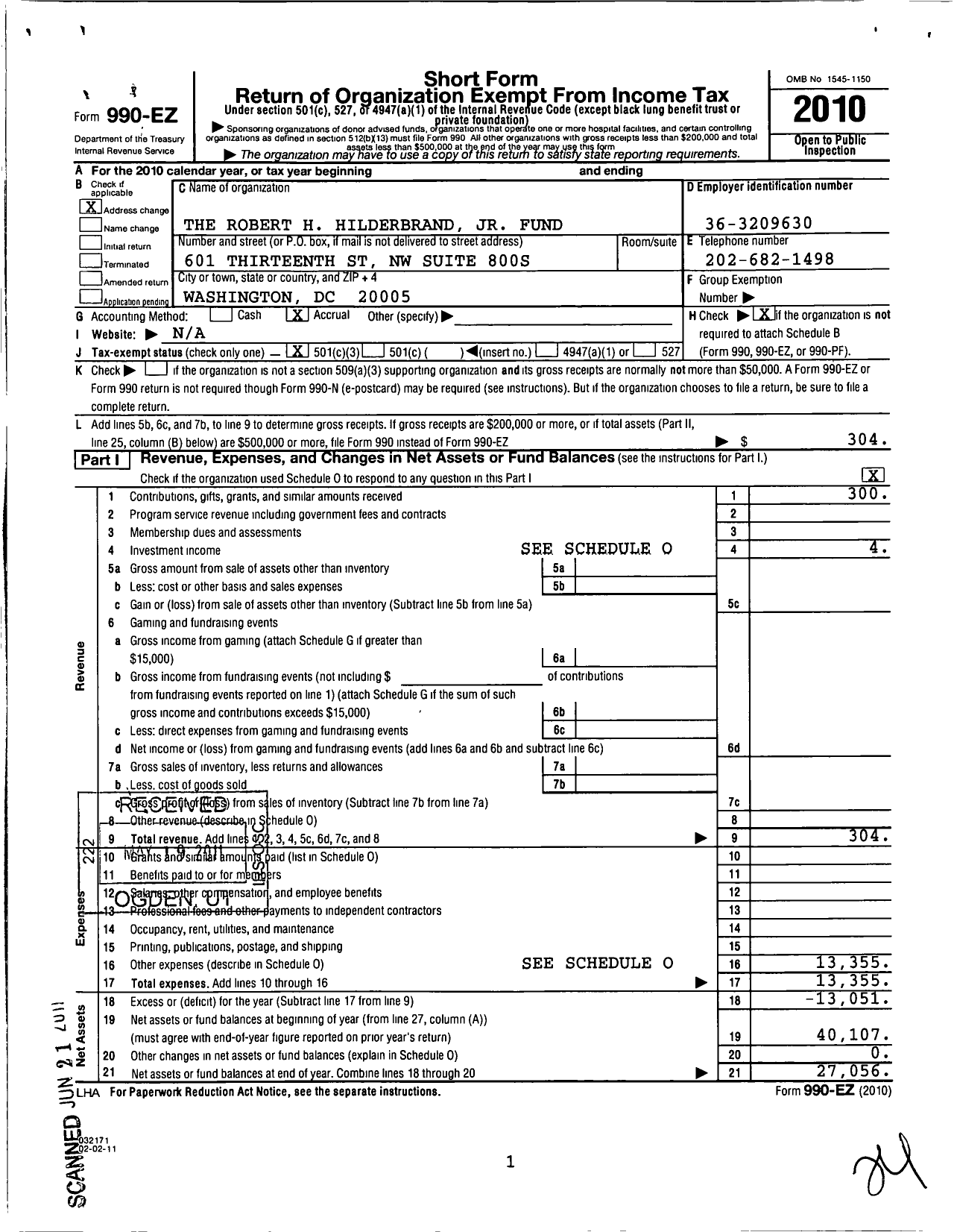 Image of first page of 2010 Form 990EZ for The Robert H Hilderbrand JR Fund