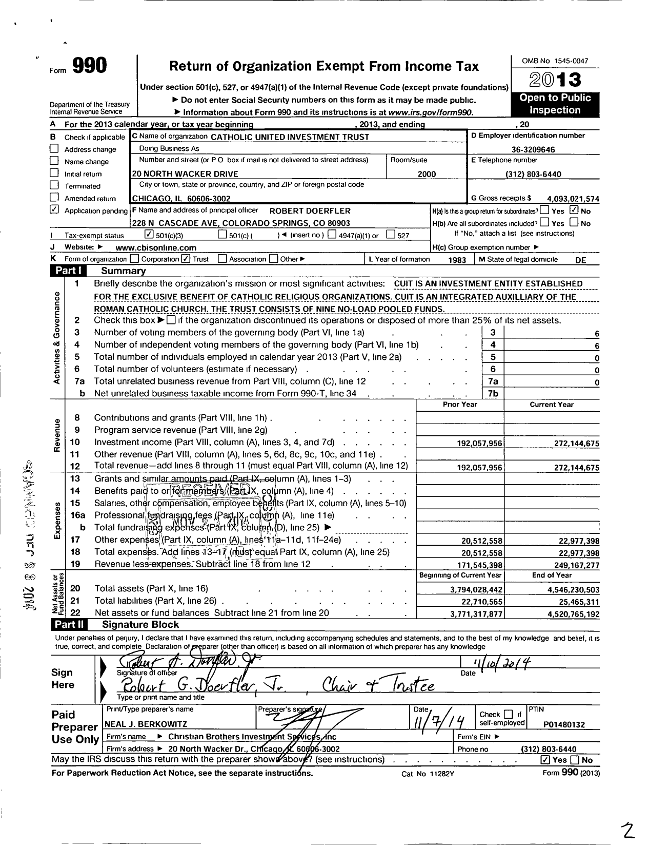 Image of first page of 2013 Form 990 for Catholic United Investment Trust (CUIT)