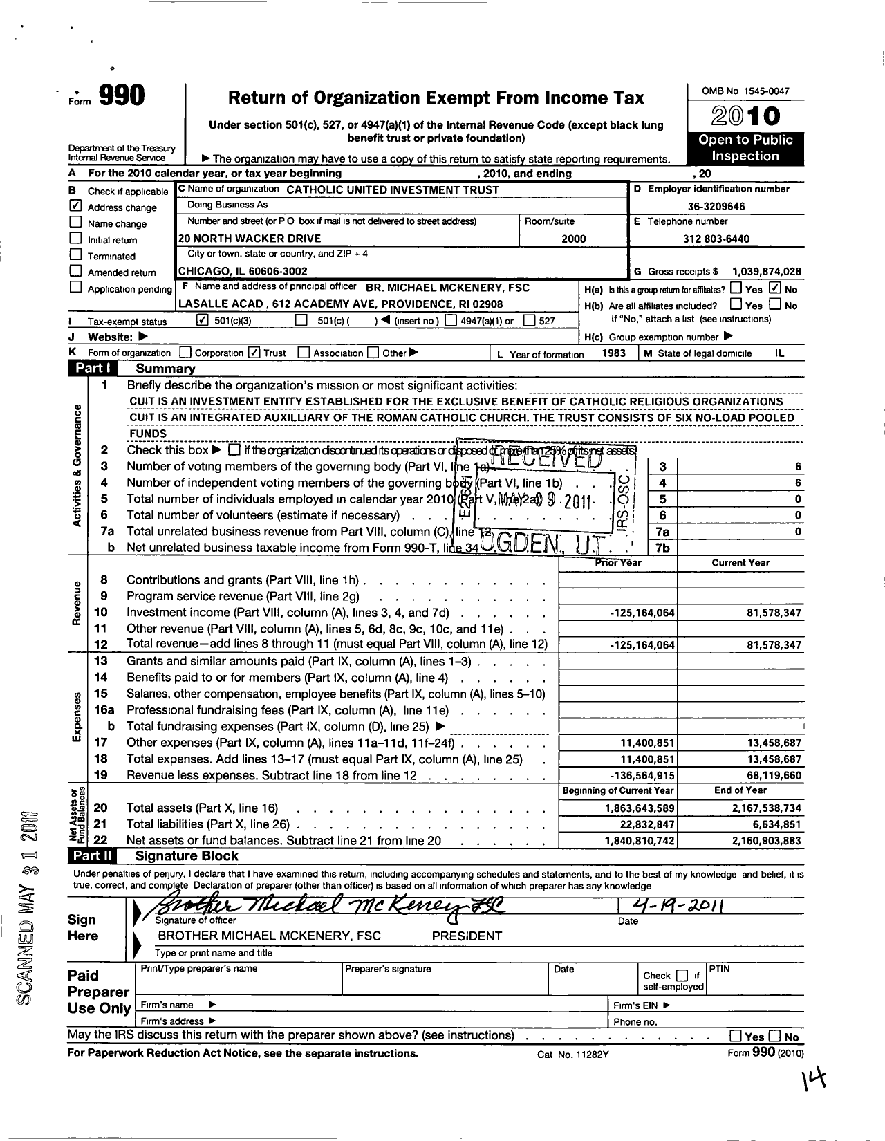 Image of first page of 2010 Form 990 for Catholic United Investment Trust (CUIT)