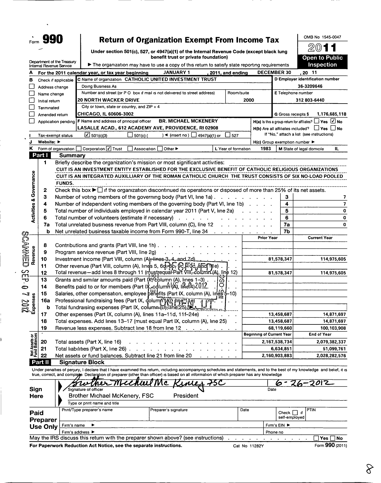 Image of first page of 2011 Form 990 for Catholic United Investment Trust (CUIT)