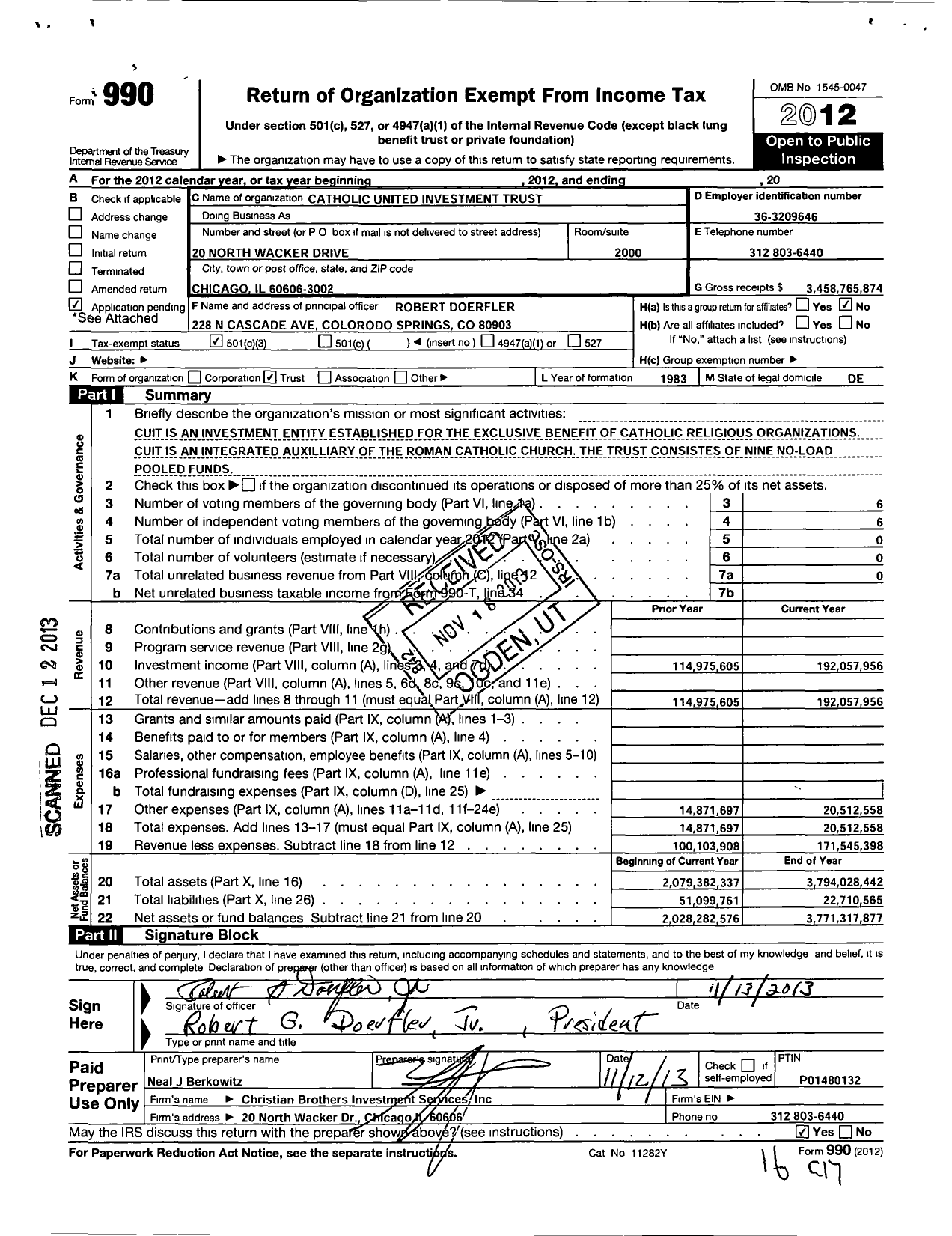 Image of first page of 2012 Form 990 for Catholic United Investment Trust (CUIT)