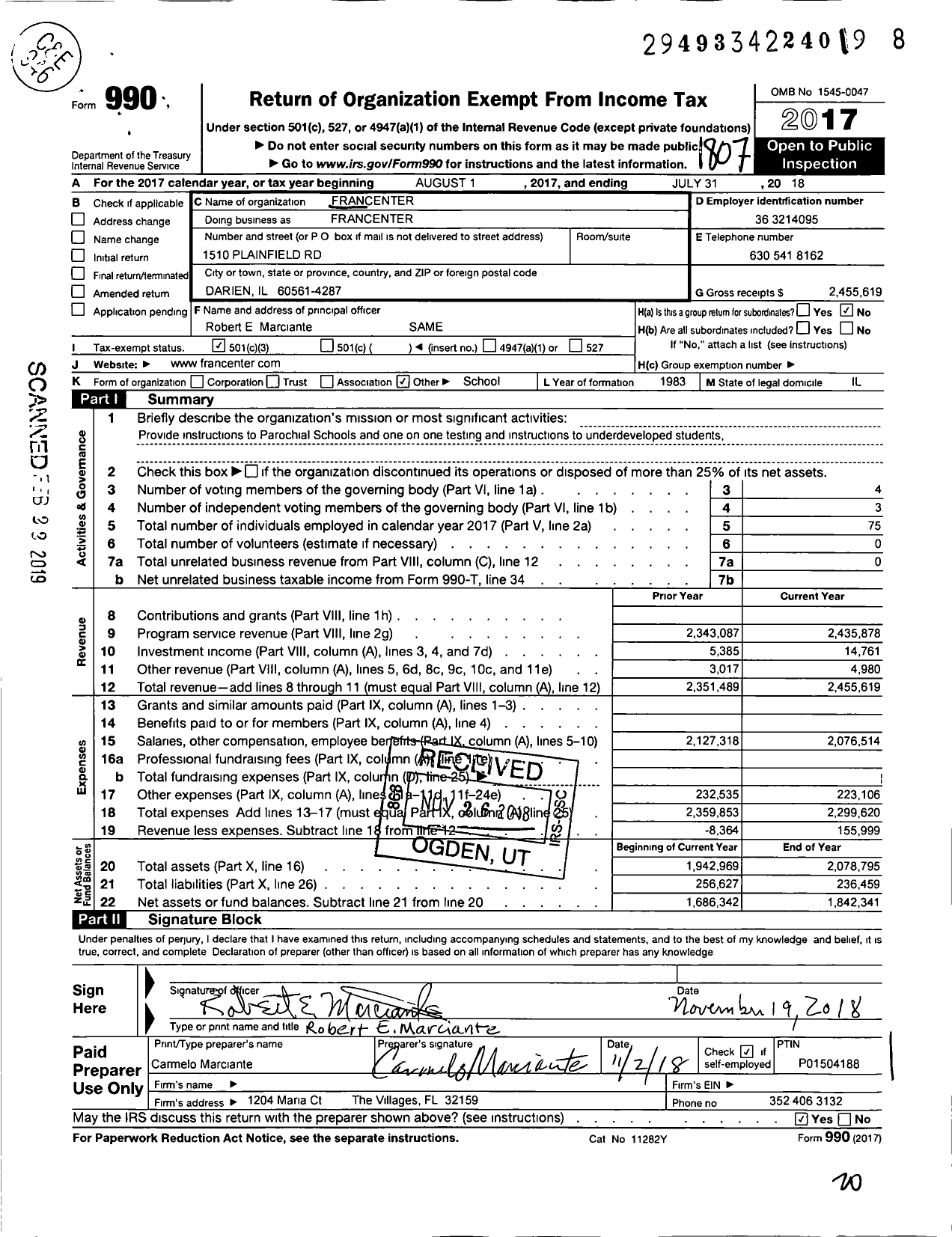 Image of first page of 2017 Form 990 for FranCenter