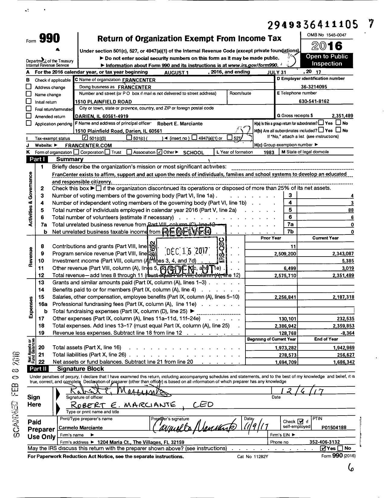 Image of first page of 2016 Form 990 for FranCenter