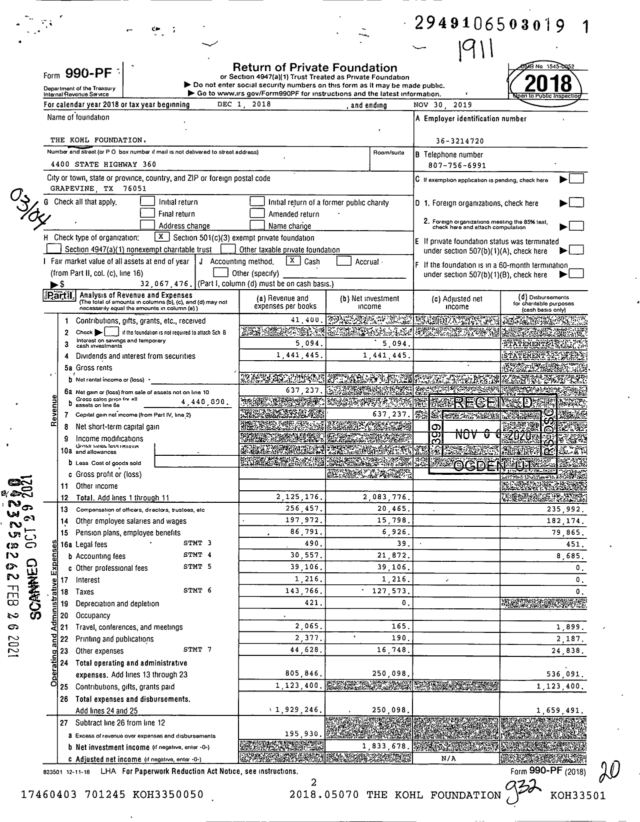 Image of first page of 2018 Form 990PF for The Kohl Foundation