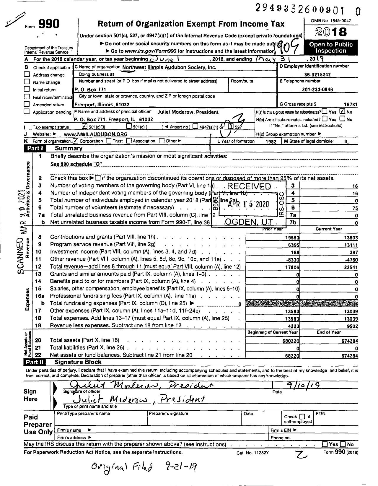 Image of first page of 2018 Form 990 for Northwest Illinois Audubon Society