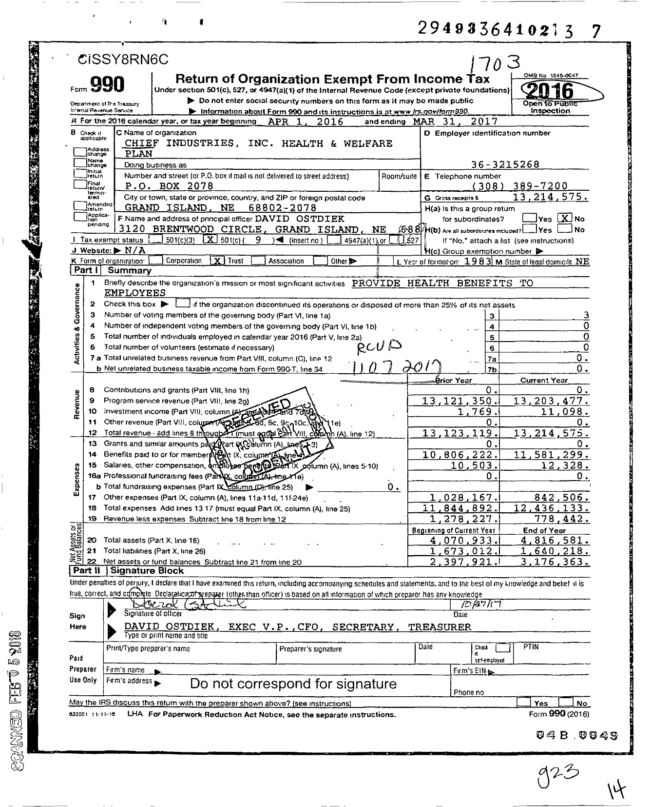 Image of first page of 2016 Form 990O for Chief Industries Health and Welfare Plan