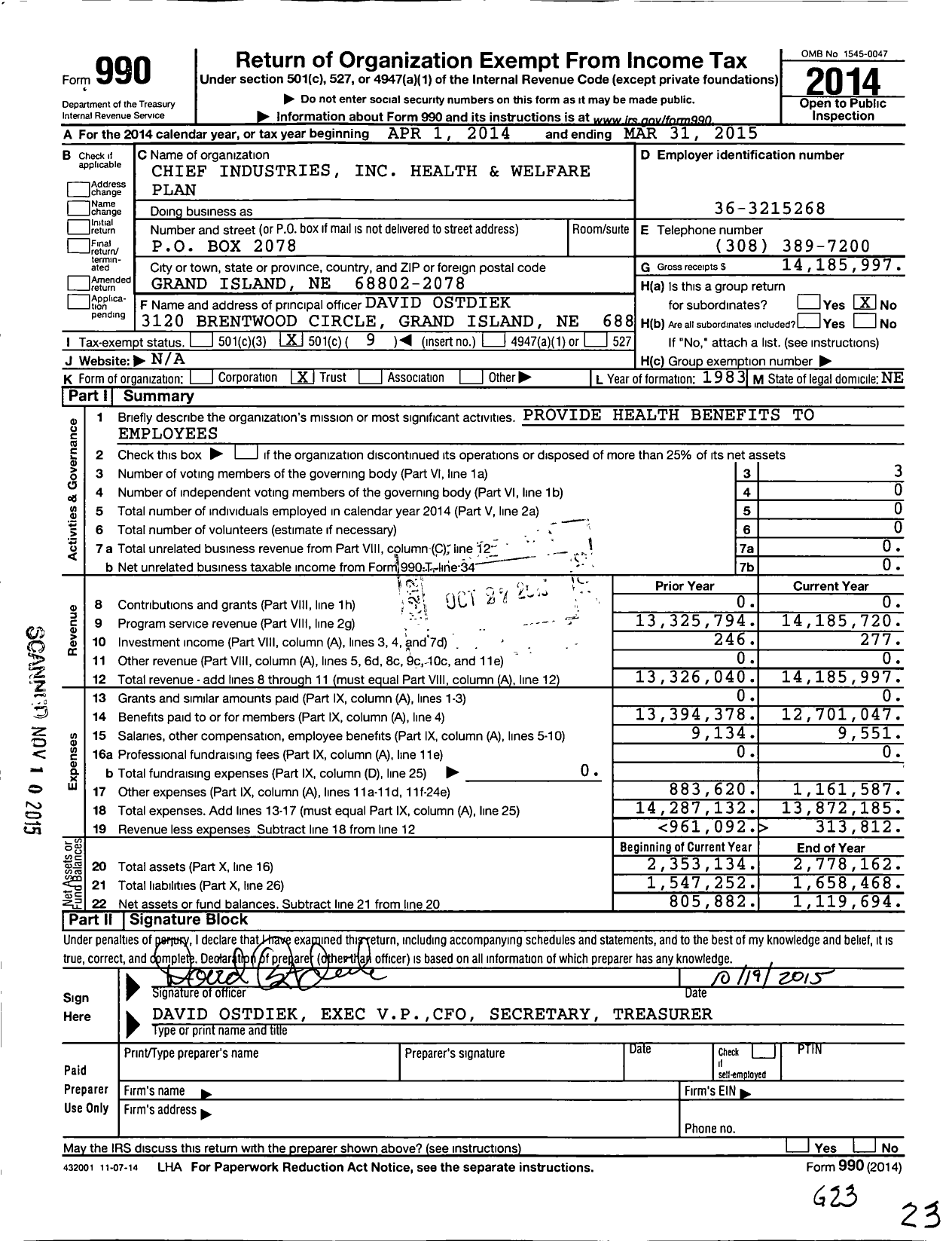 Image of first page of 2014 Form 990O for Chief Industries Health and Welfare Plan