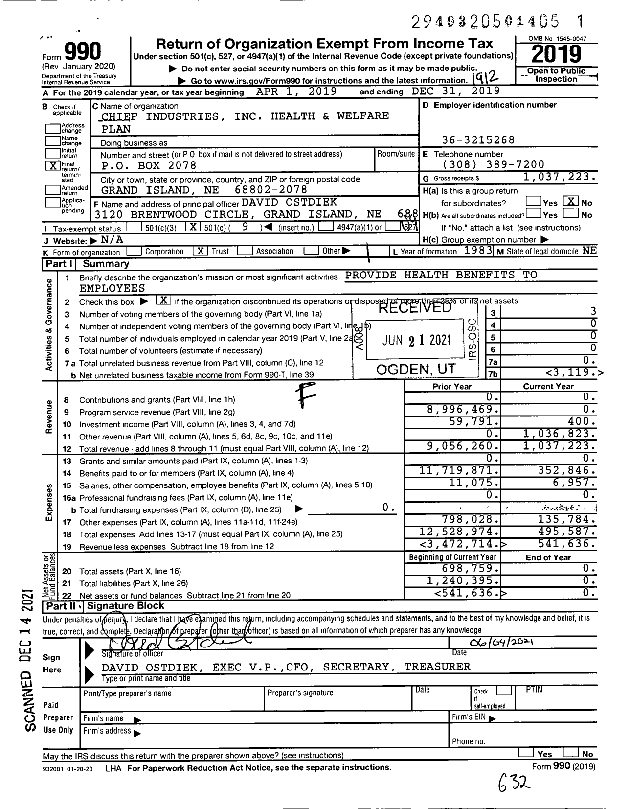 Image of first page of 2019 Form 990O for Chief Industries Health and Welfare Plan