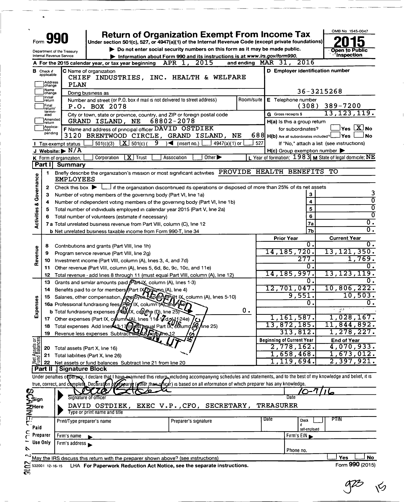 Image of first page of 2015 Form 990O for Chief Industries Health and Welfare Plan