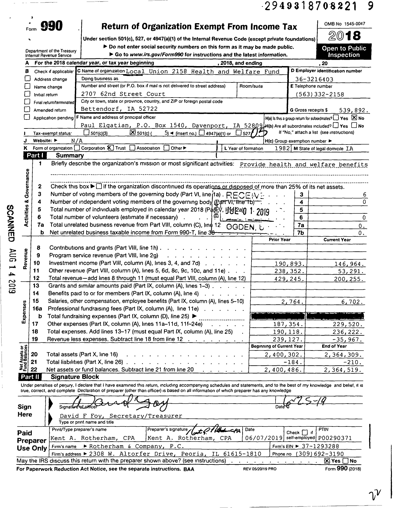 Image of first page of 2018 Form 990O for Local Union 2158 Health and Welfare Fund