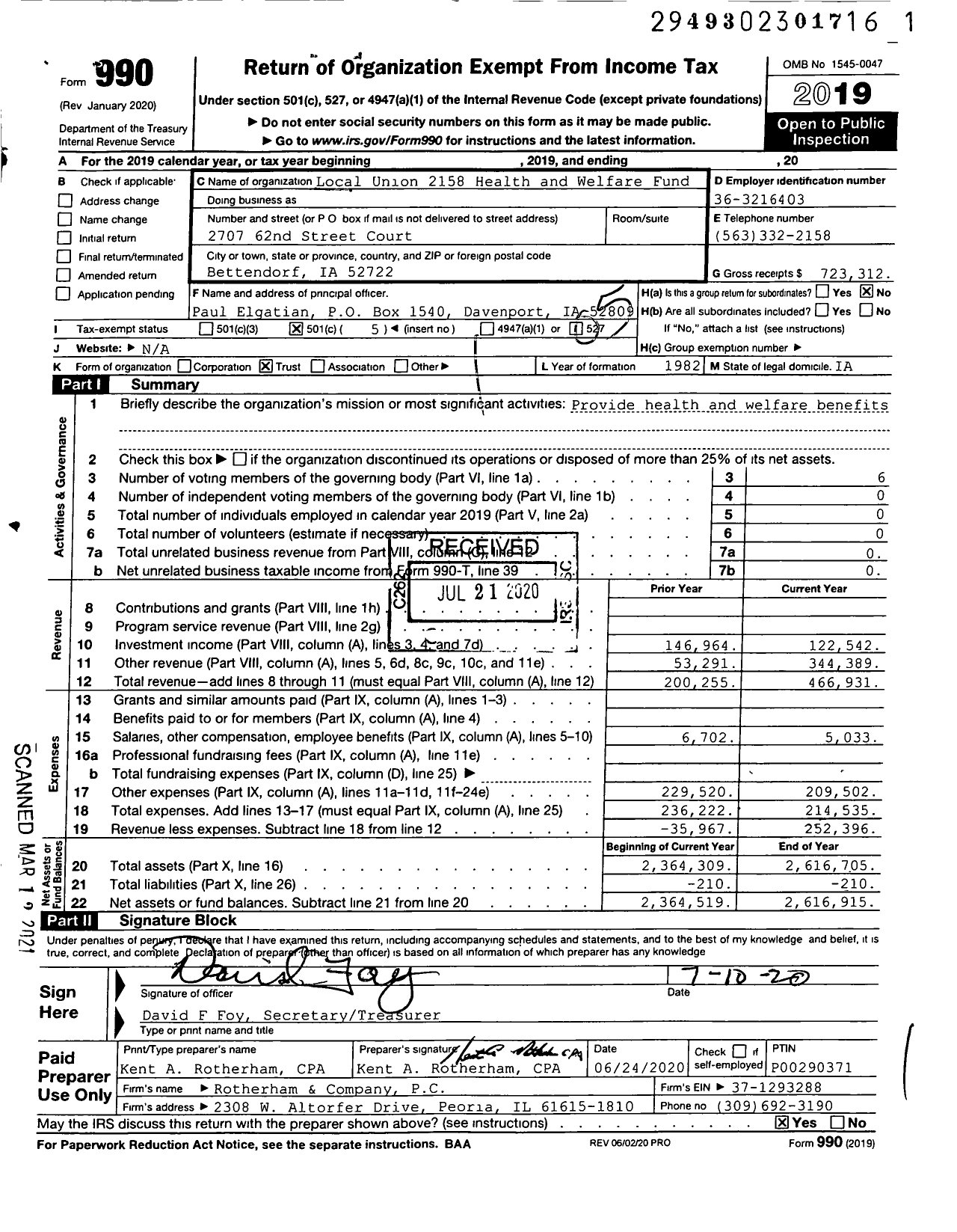 Image of first page of 2019 Form 990O for Local Union 2158 Health and Welfare Fund