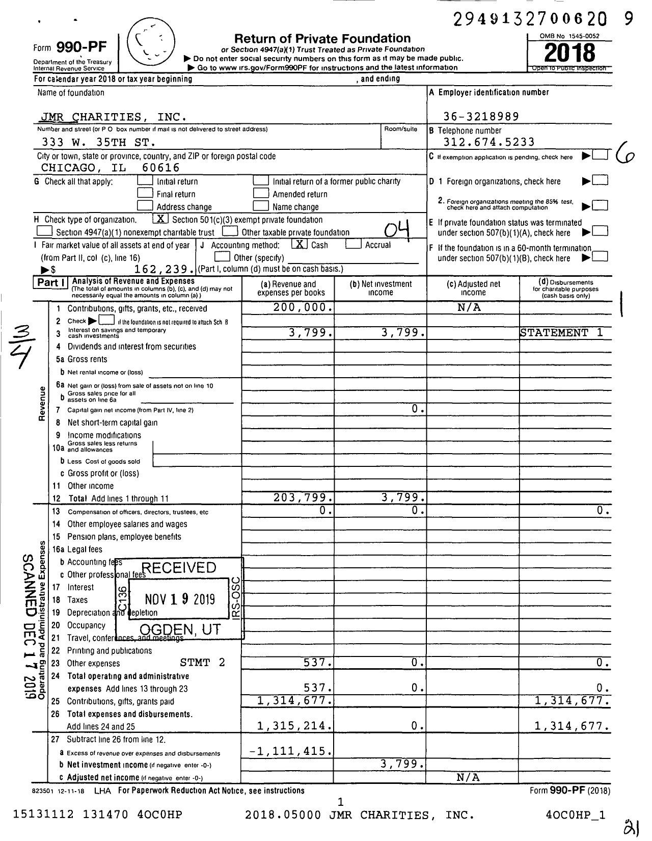 Image of first page of 2018 Form 990PF for JMR Charities