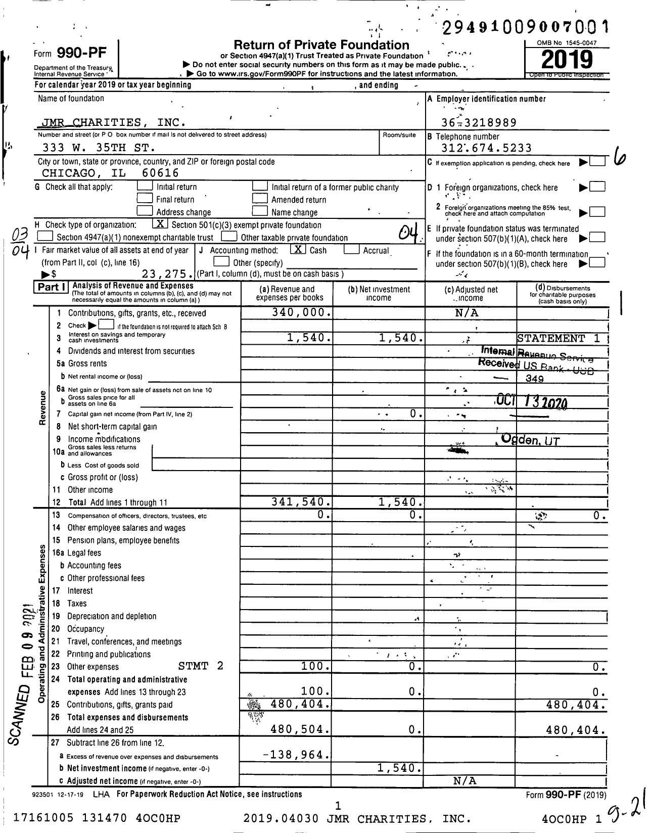 Image of first page of 2019 Form 990PF for JMR Charities