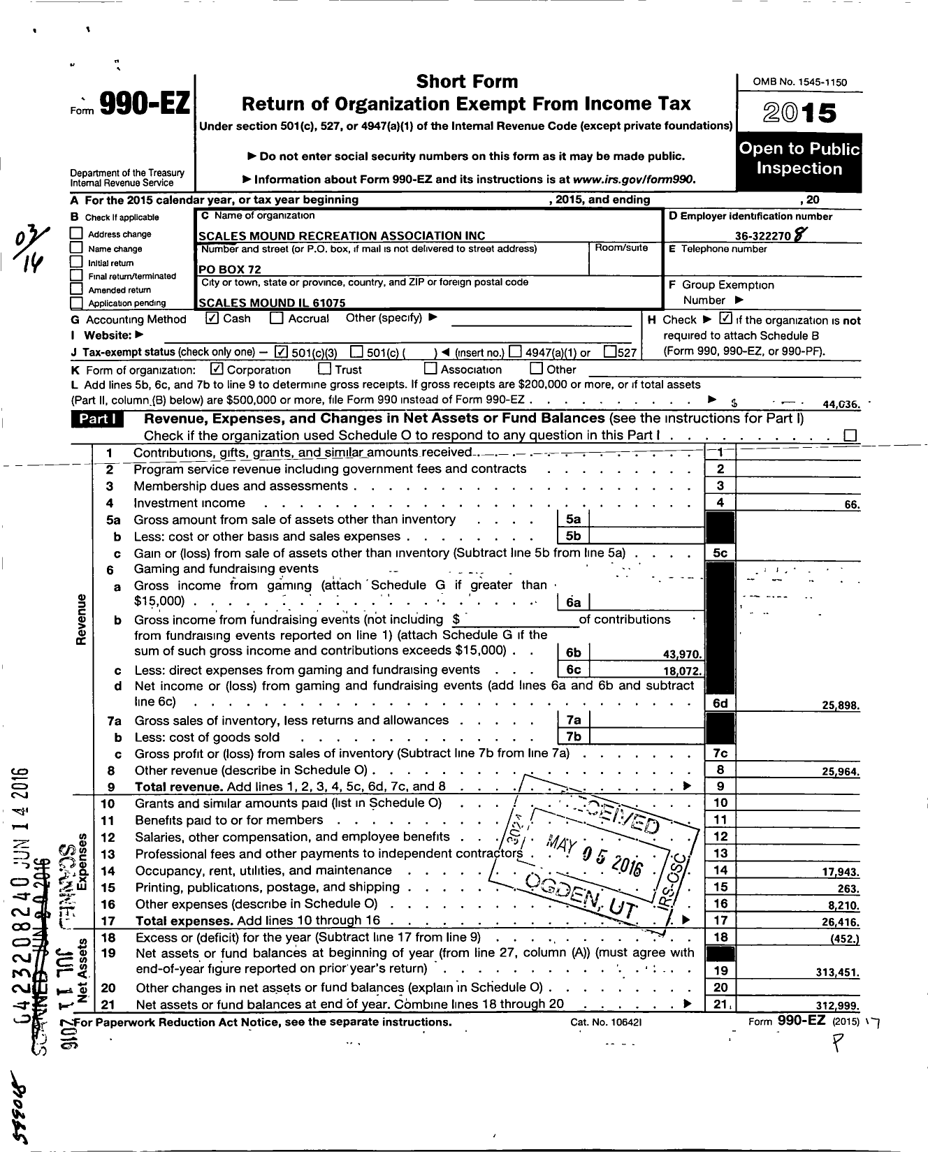 Image of first page of 2015 Form 990EZ for Scales Mound Recreation Association