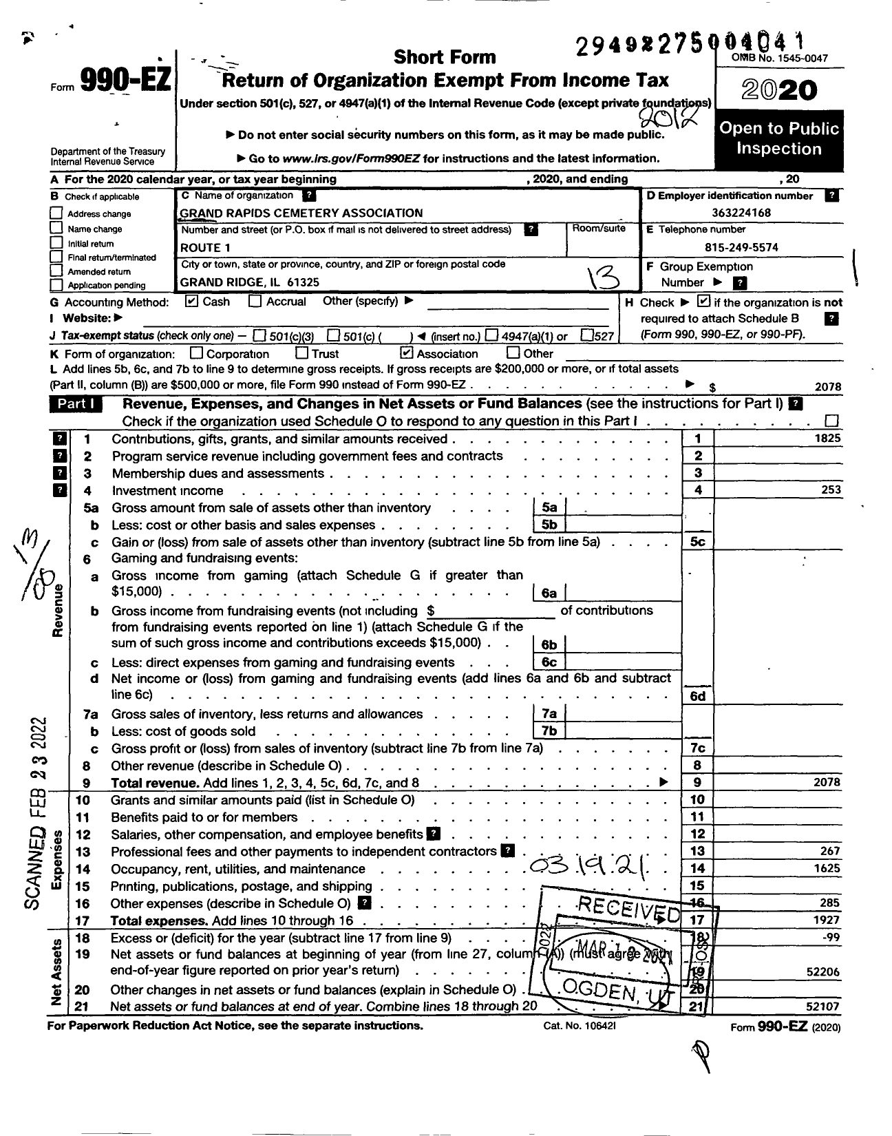 Image of first page of 2020 Form 990EO for Grand Rapids Cemetery Association of Lasalle County