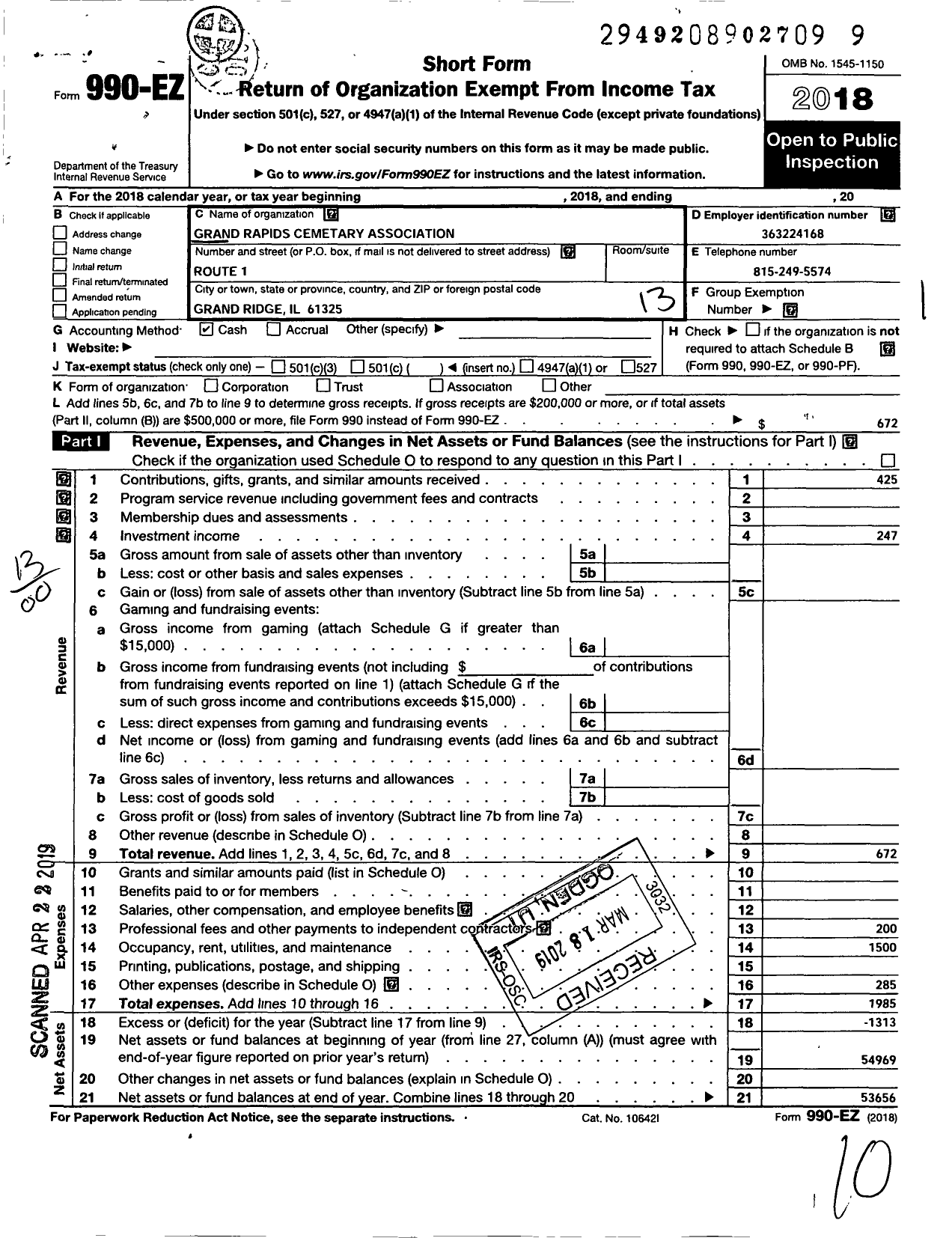 Image of first page of 2018 Form 990EO for Grand Rapids Cemetery Association of Lasalle County