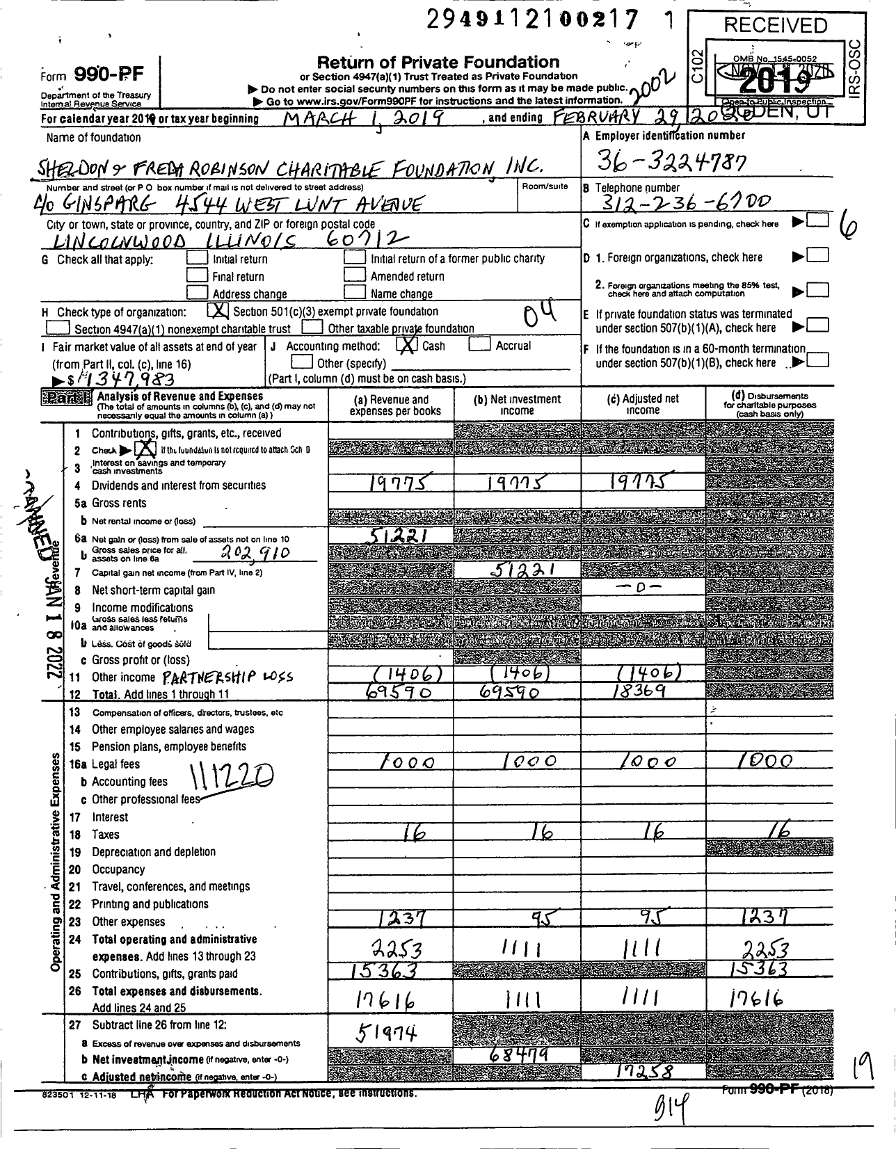 Image of first page of 2019 Form 990PF for Sheldon and Freda Robinson Charitable Foundation