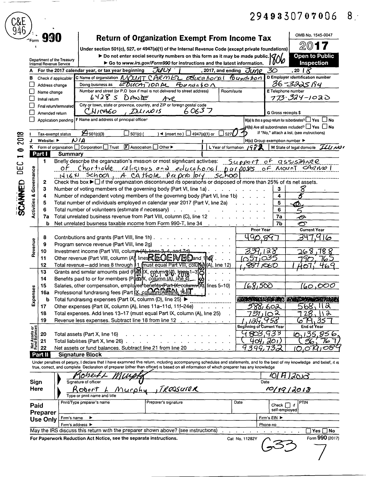Image of first page of 2017 Form 990 for Mount Carmel Educational Foundation