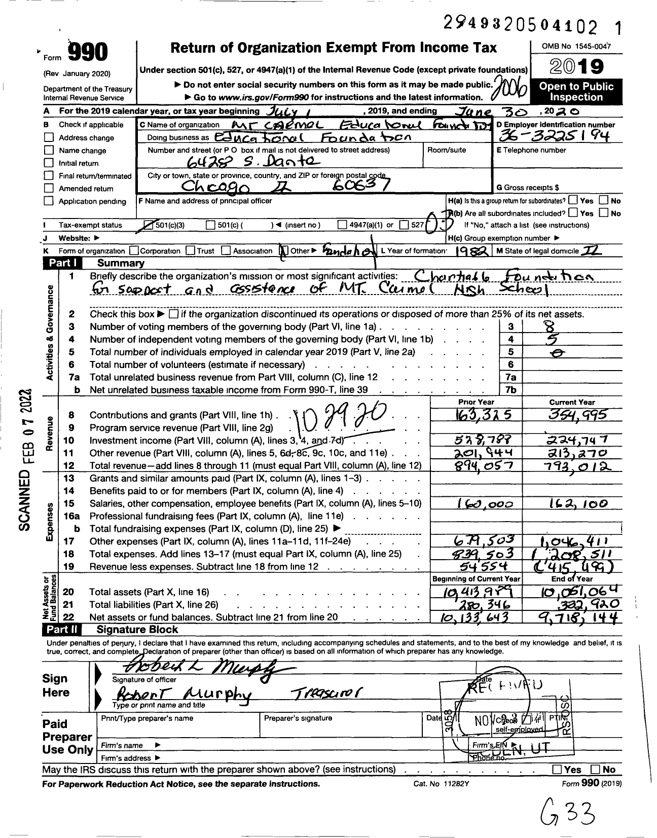 Image of first page of 2019 Form 990 for Mount Carmel Educational Foundation