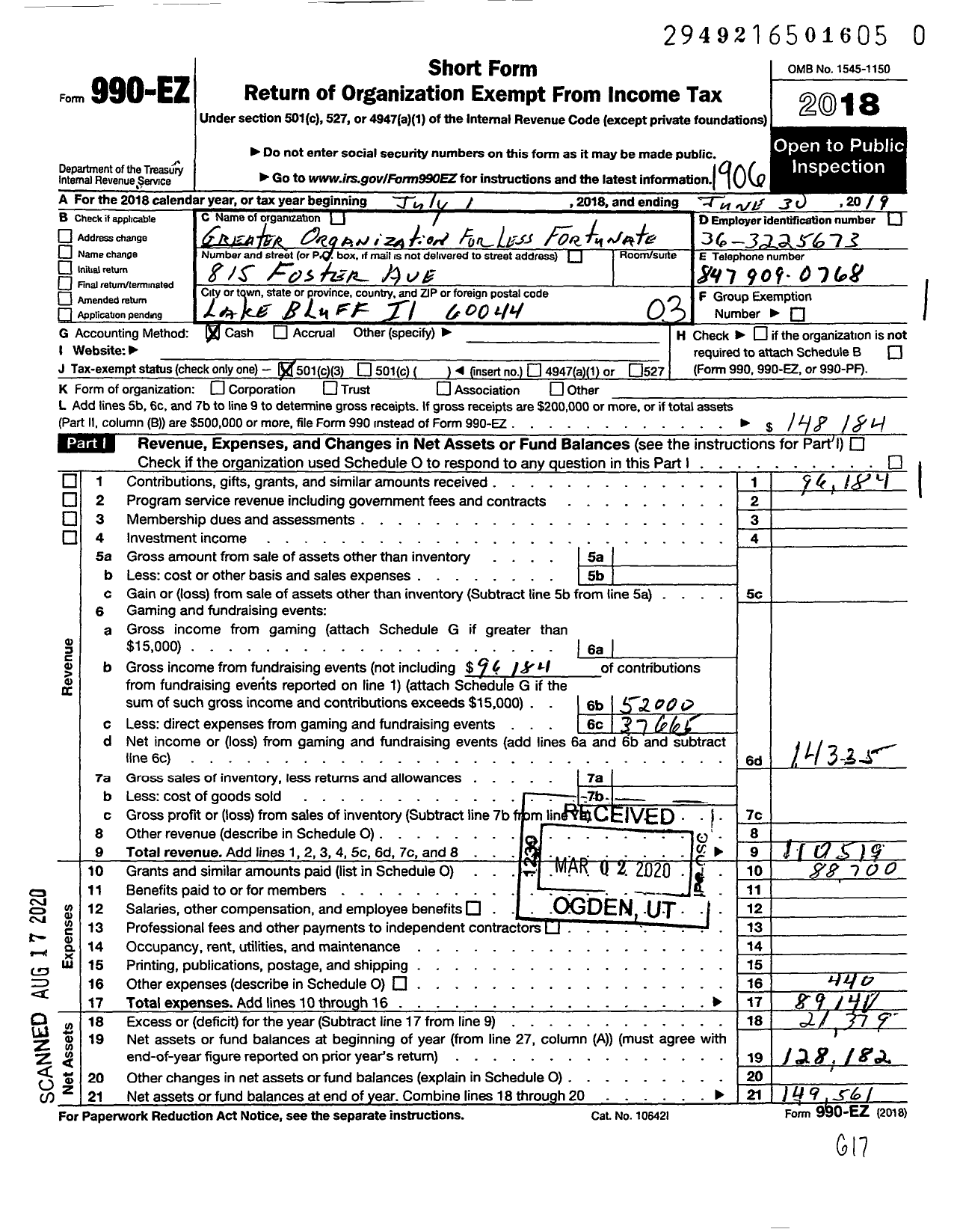 Image of first page of 2018 Form 990EZ for Greater Organization for Less Fortunate (GOLF)