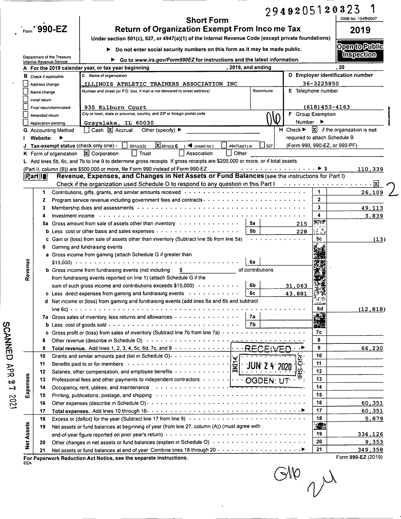 Image of first page of 2019 Form 990EO for Illinois Athletic Trainers Association