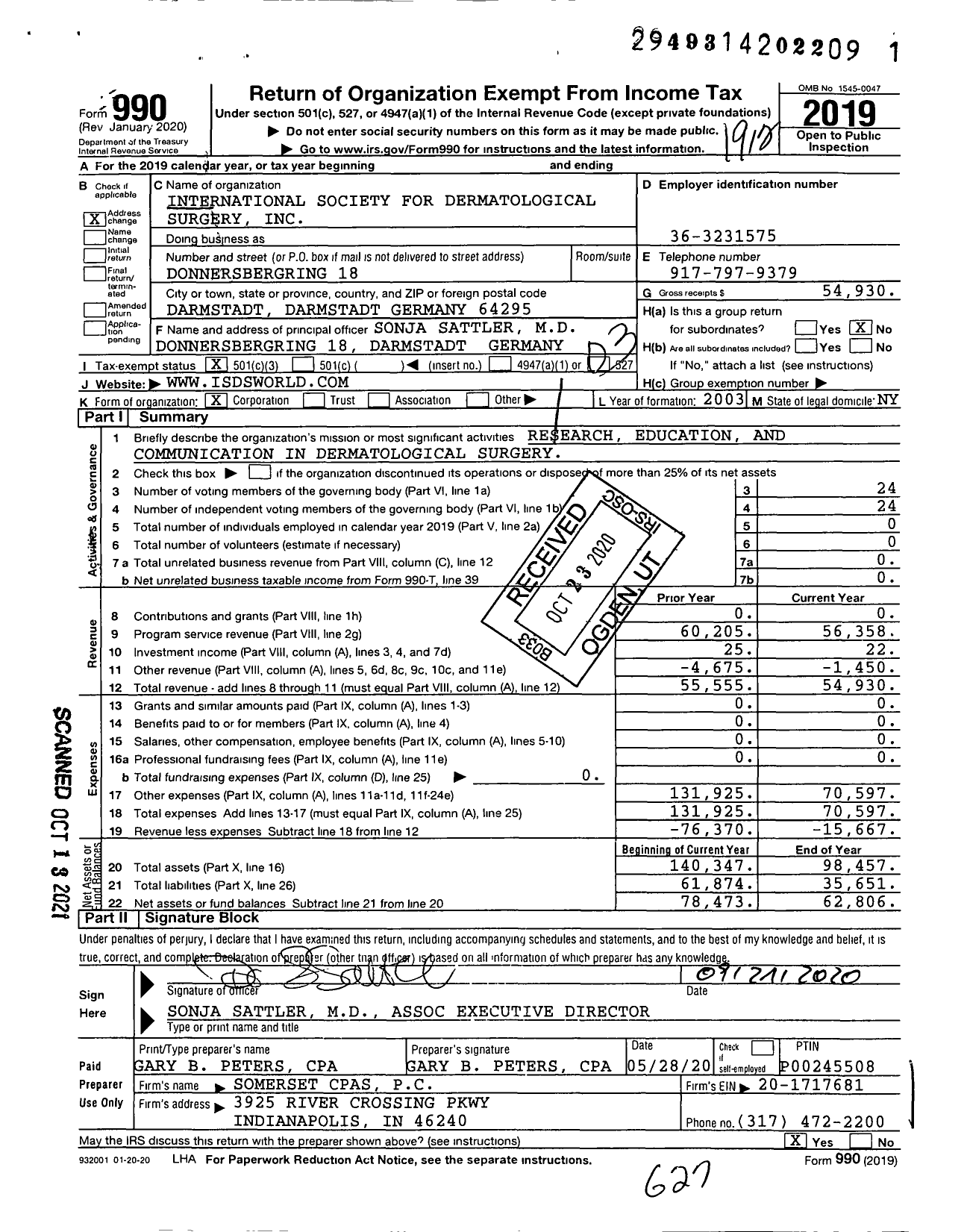 Image of first page of 2019 Form 990 for International Society for Dermatological Surgery