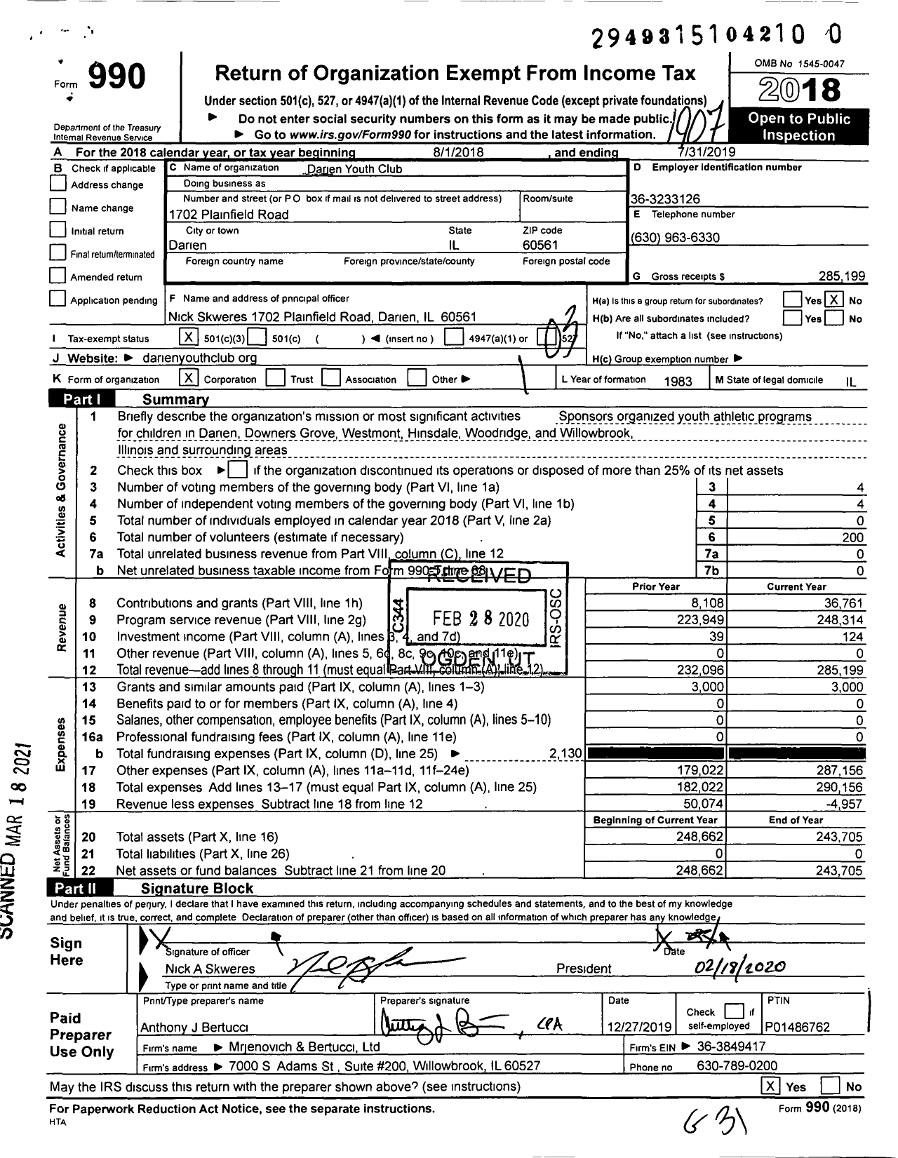 Image of first page of 2018 Form 990 for Darien Youth Club