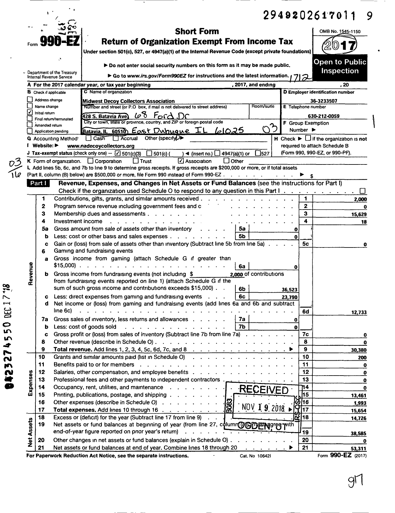 Image of first page of 2017 Form 990EZ for North America Decoy Collectors Association