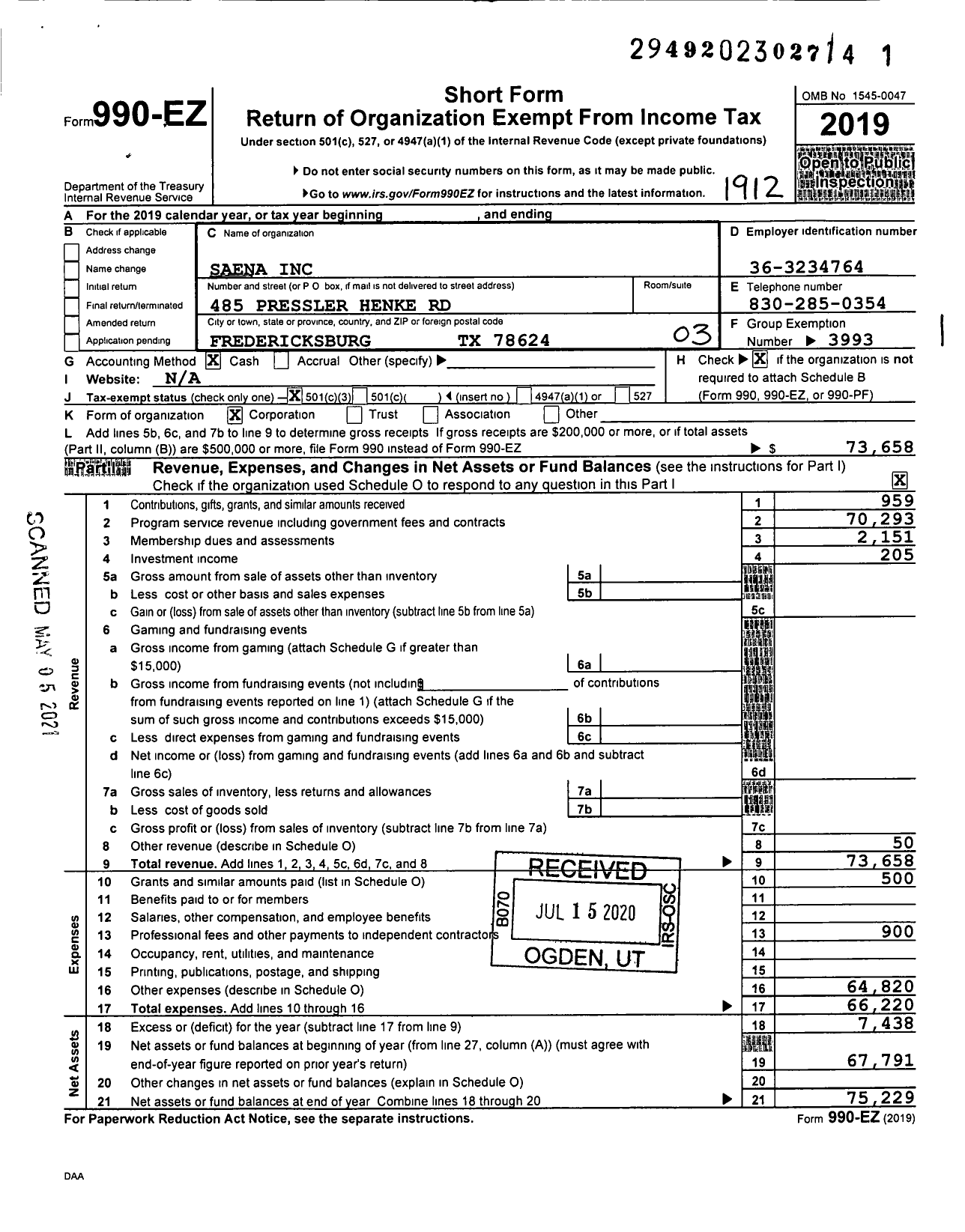 Image of first page of 2019 Form 990EZ for Emergency Nurses Association San Antonio Chapter