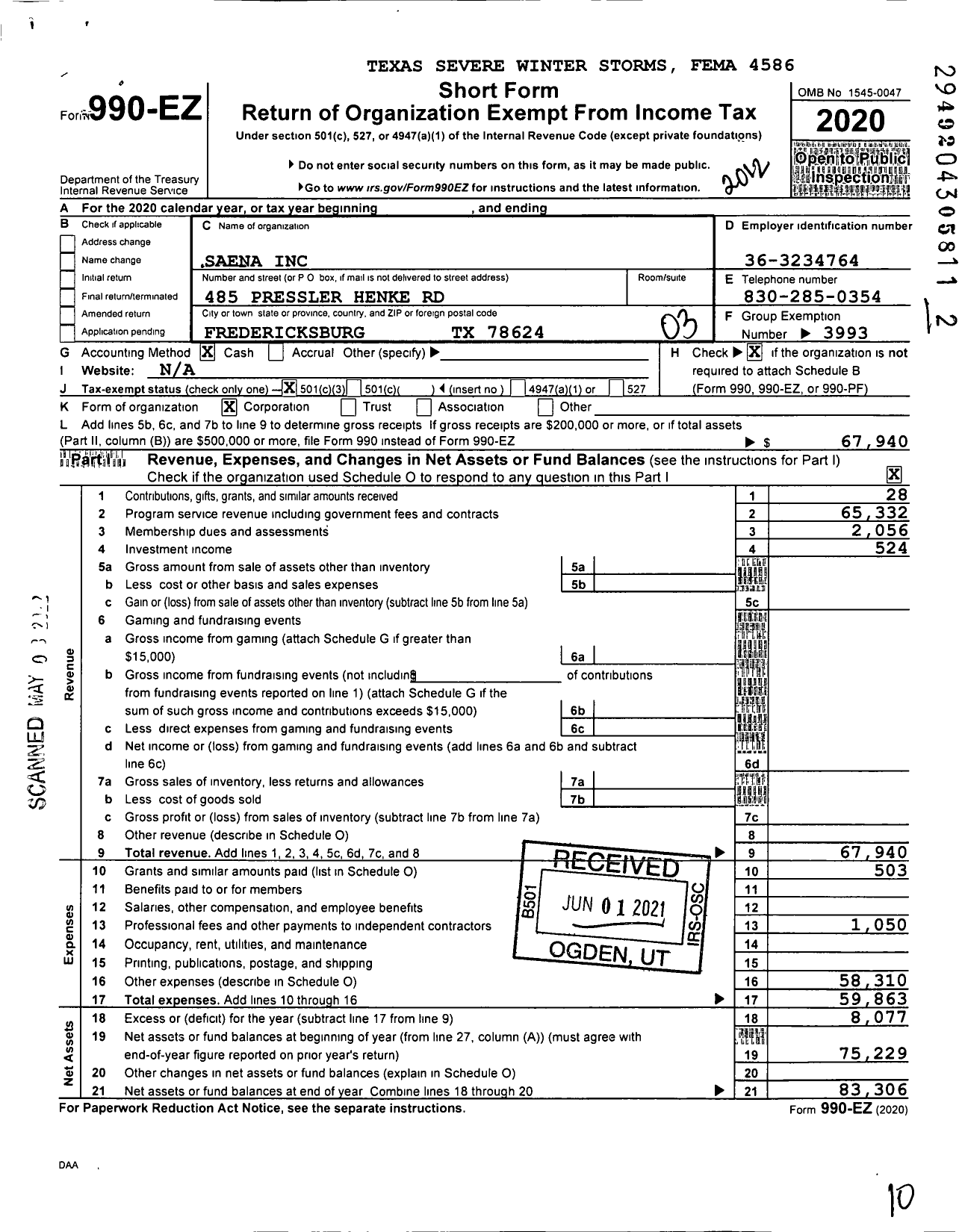Image of first page of 2020 Form 990EZ for Emergency Nurses Association San Antonio Chapter