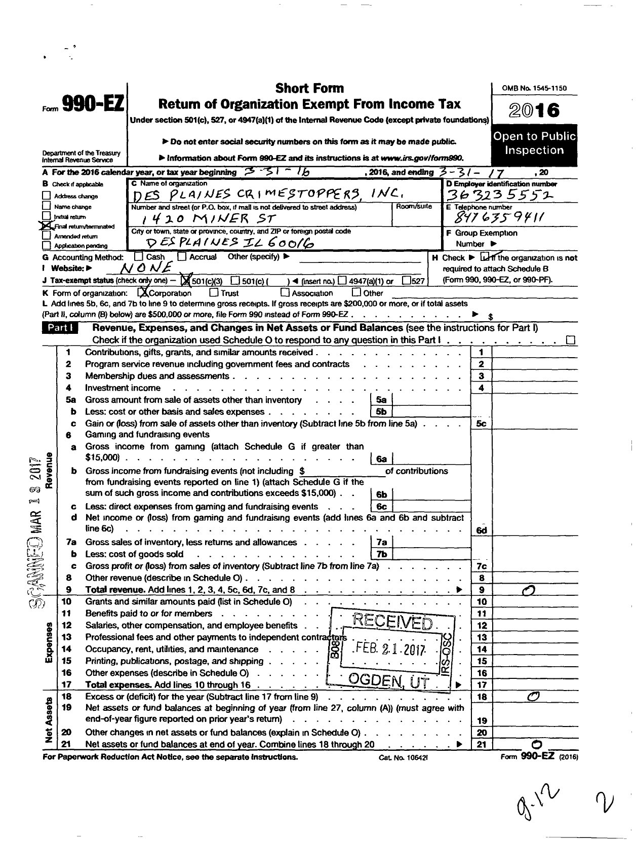 Image of first page of 2016 Form 990EZ for Desplaines Crime Stoppers