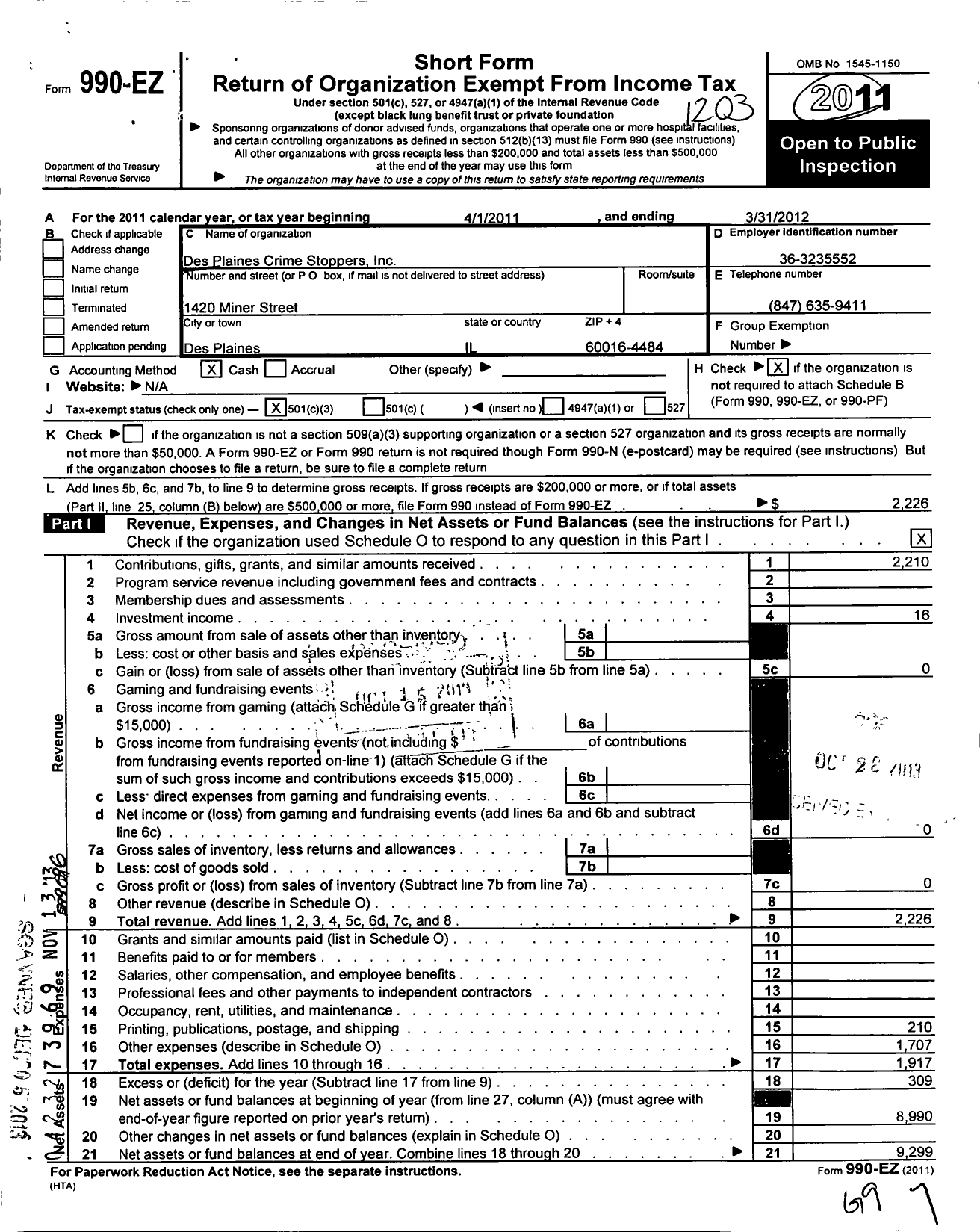 Image of first page of 2011 Form 990EZ for Desplaines Crime Stoppers