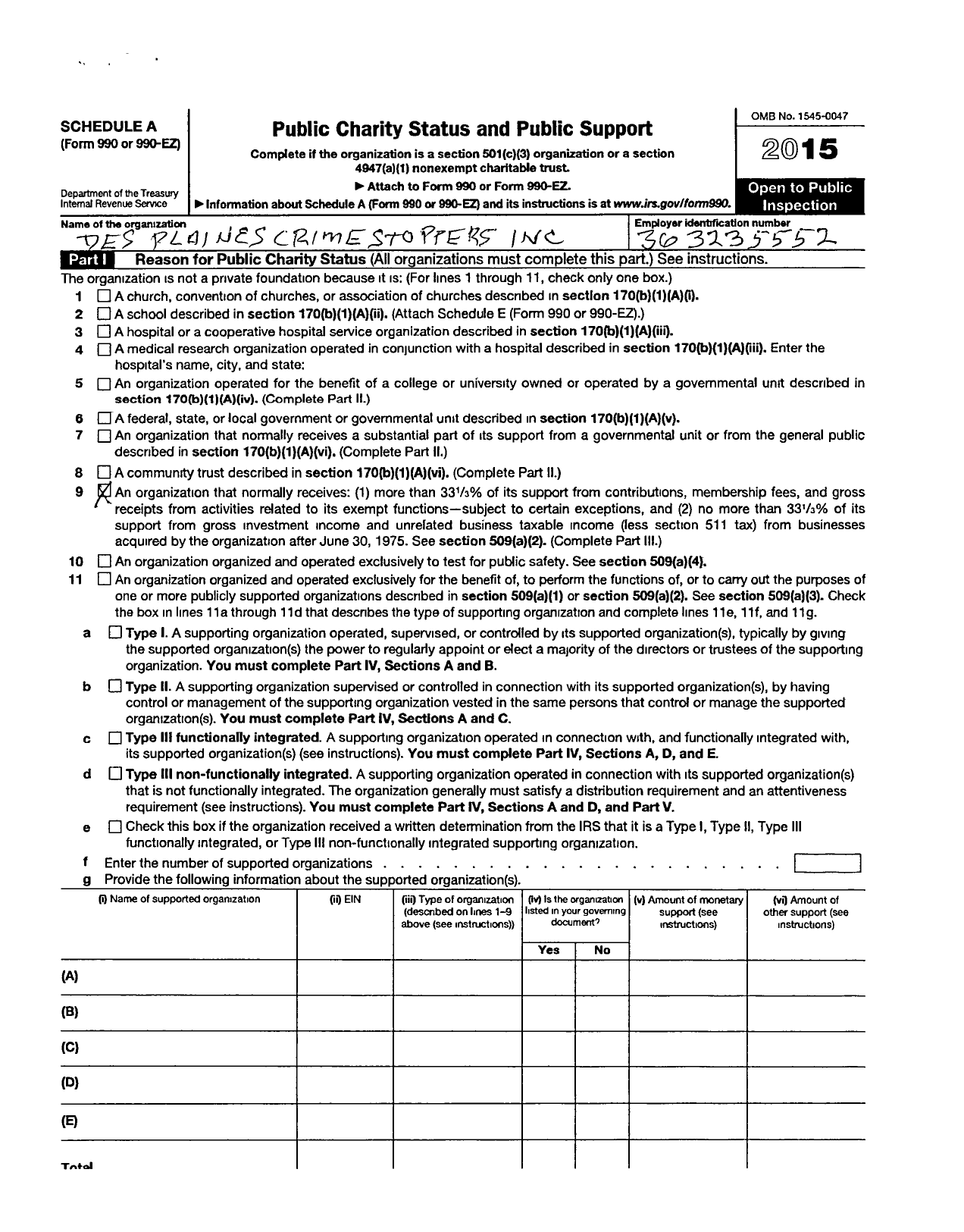 Image of first page of 2015 Form 990ER for Desplaines Crime Stoppers