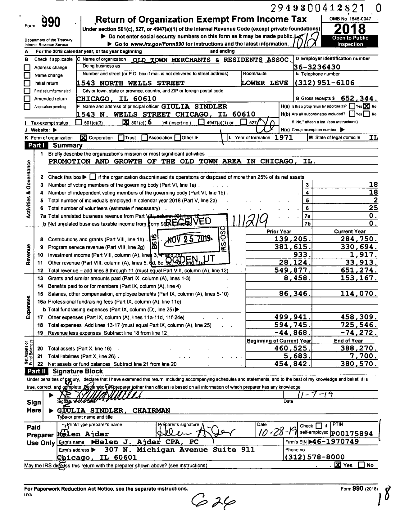 Image of first page of 2018 Form 990O for Old Town Merchants and Residents Association