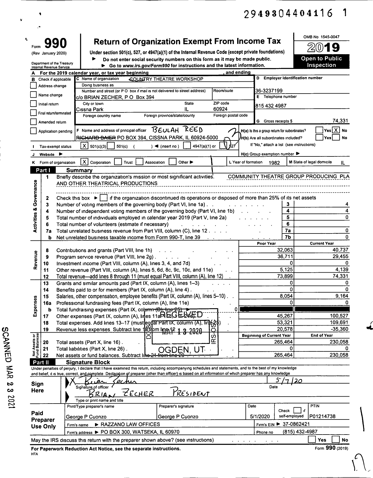 Image of first page of 2019 Form 990 for Country Theatre Workshop