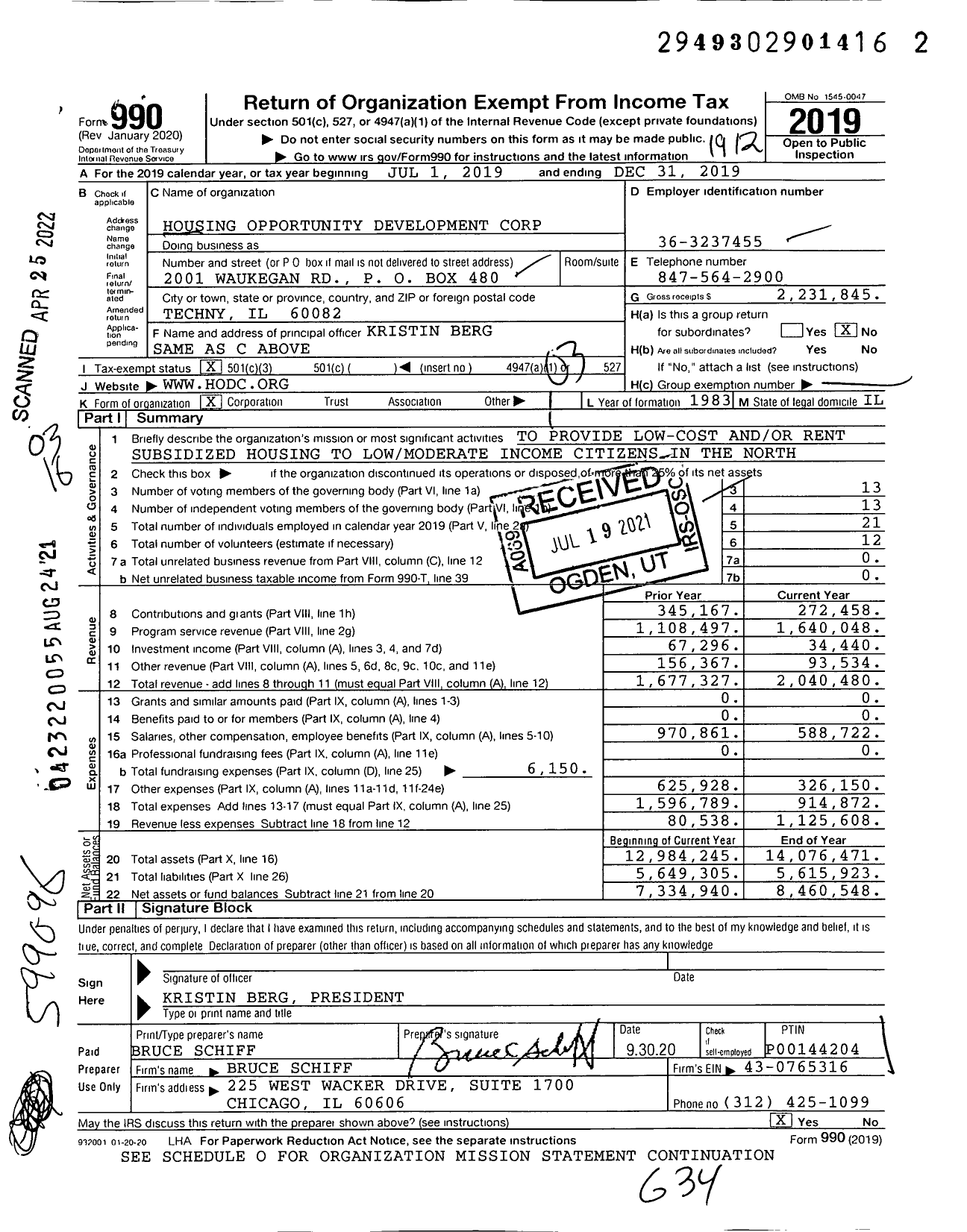 Image of first page of 2019 Form 990 for Housing Opportunity Development Corporation (HODC)