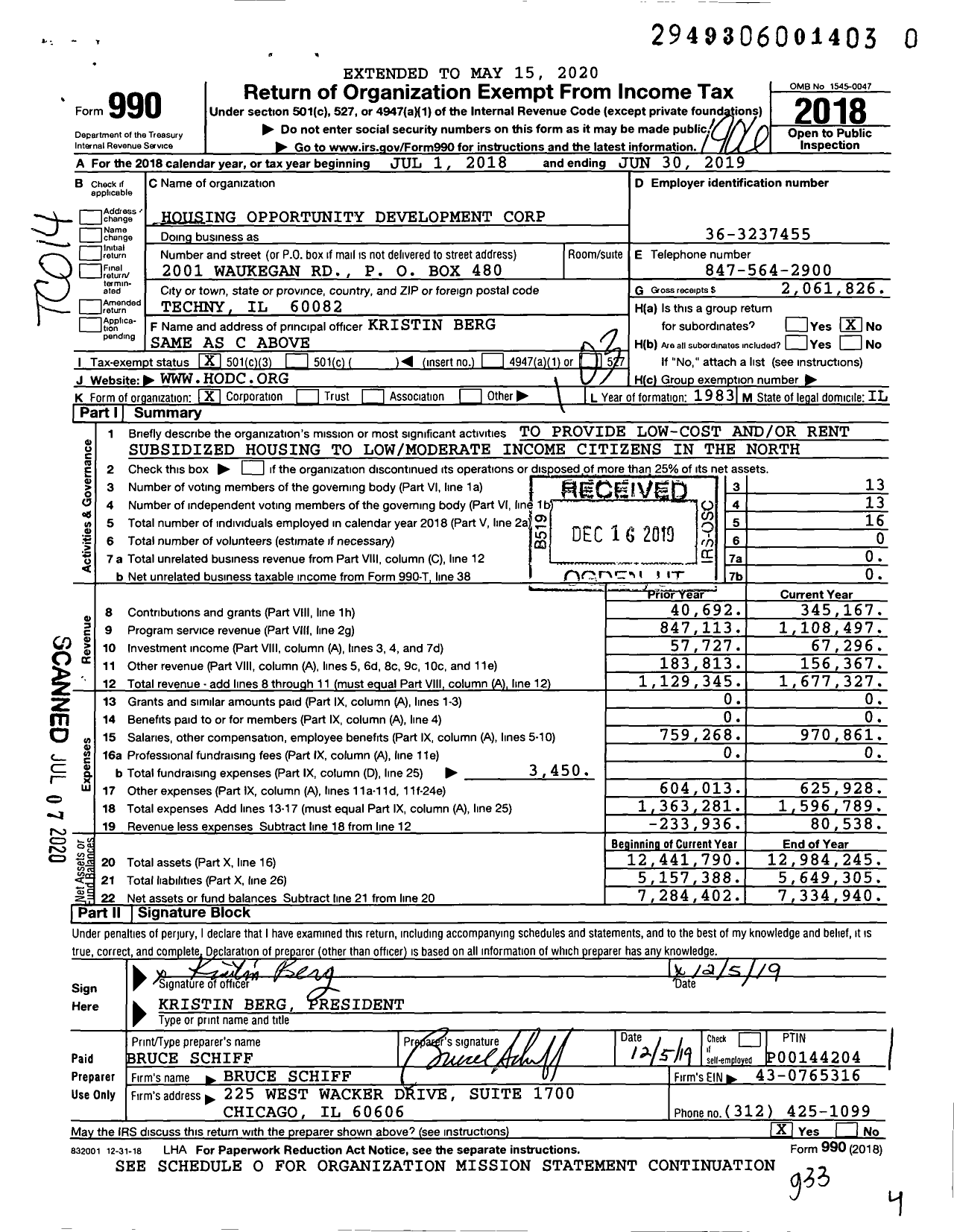 Image of first page of 2018 Form 990 for Housing Opportunity Development Corporation (HODC)