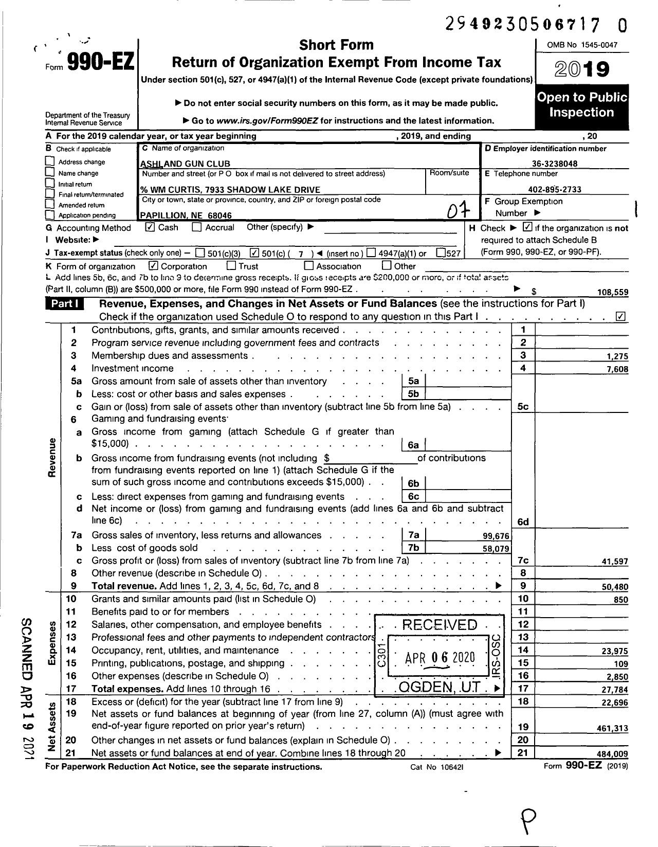 Image of first page of 2019 Form 990EO for Ashland Gun Club Ashland Gun Club