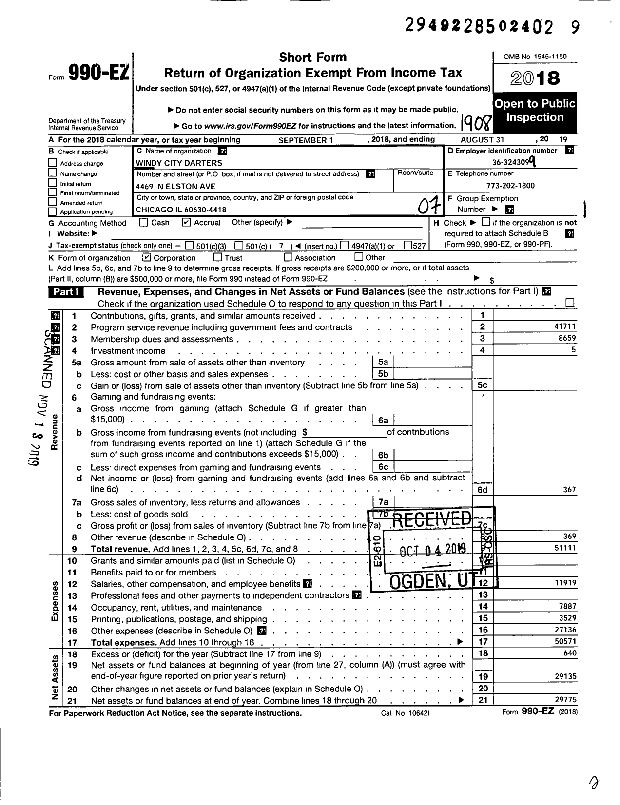 Image of first page of 2018 Form 990EO for Windy City Darters