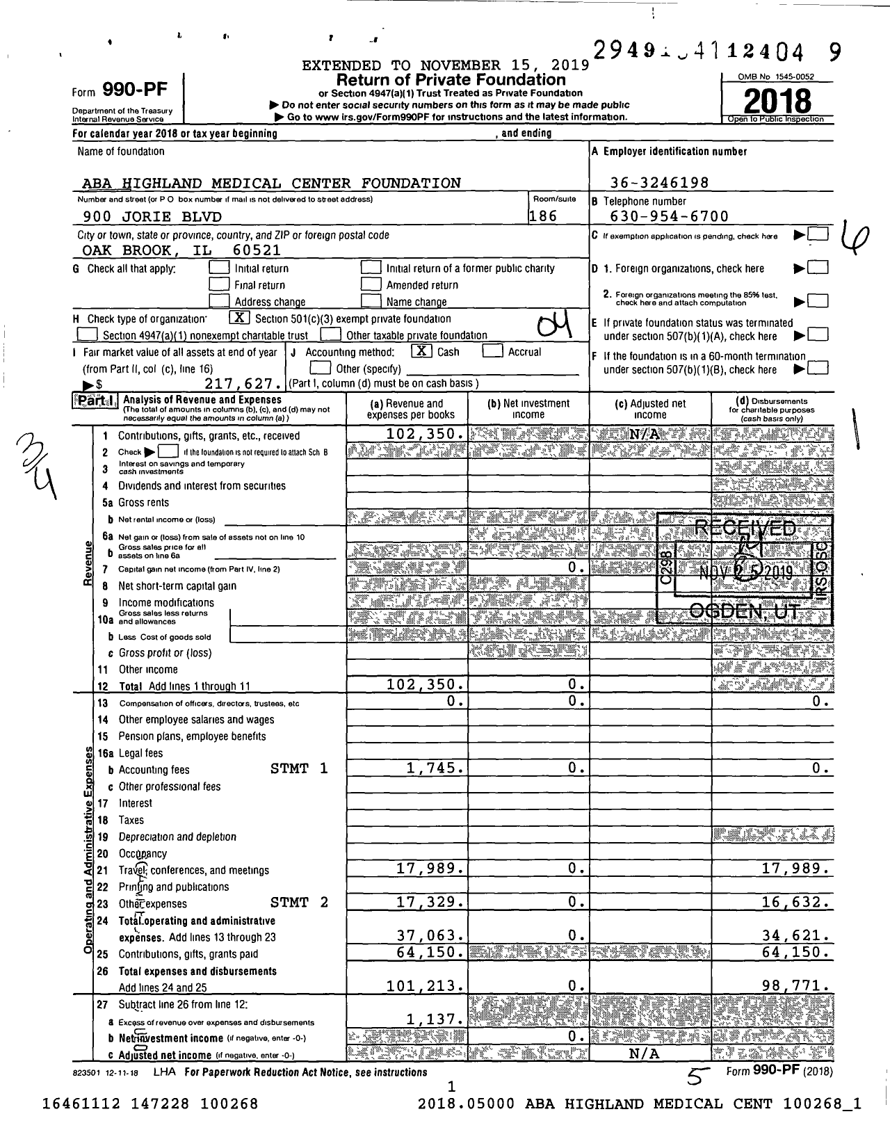 Image of first page of 2018 Form 990PF for Aba Highland Medical Center Foundation